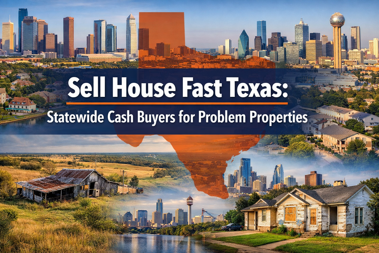 Professional landscape hero image (1536x1024) featuring bold text overlay 'Sell House Fast Texas: Statewide Cash Buyers for Problem Properti