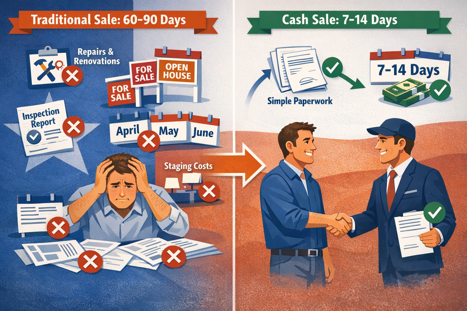 Detailed editorial illustration (1536x1024) showing split-screen comparison of traditional home selling process versus cash buyer process in