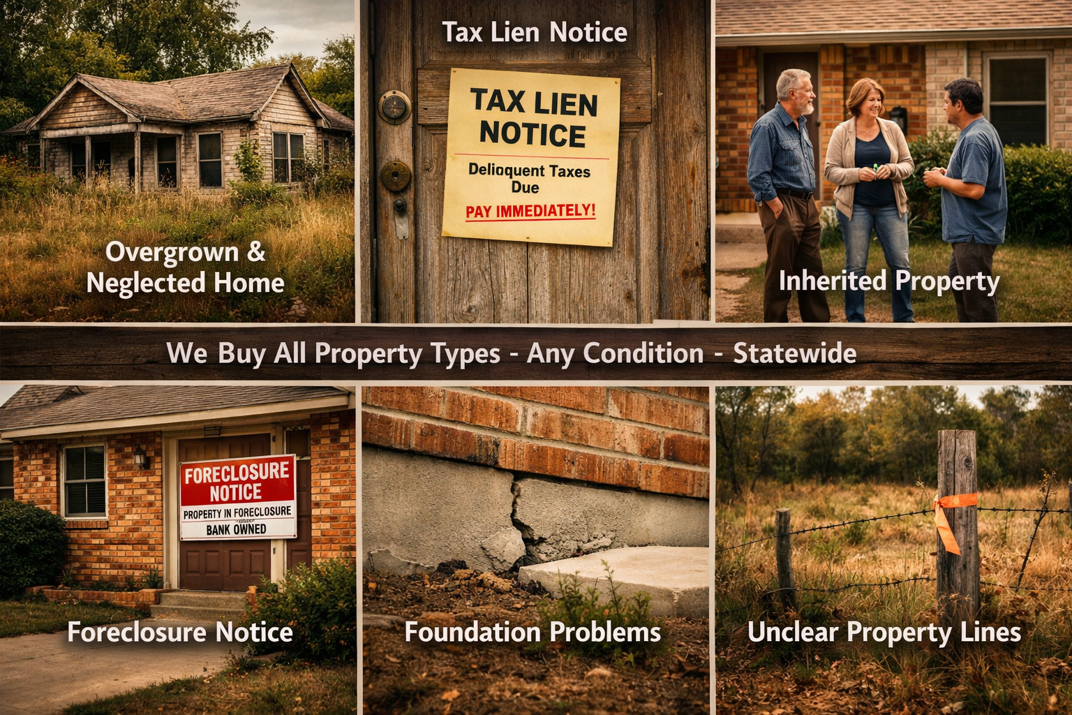 Professional landscape photograph (1536x1024) depicting various Texas problem property scenarios as visual grid or collage. Shows six distin