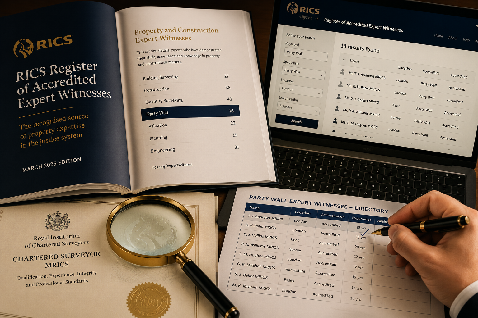 Detailed () showing a close-up overhead desk scene: an open RICS Register of Accredited Expert Witnesses document (March