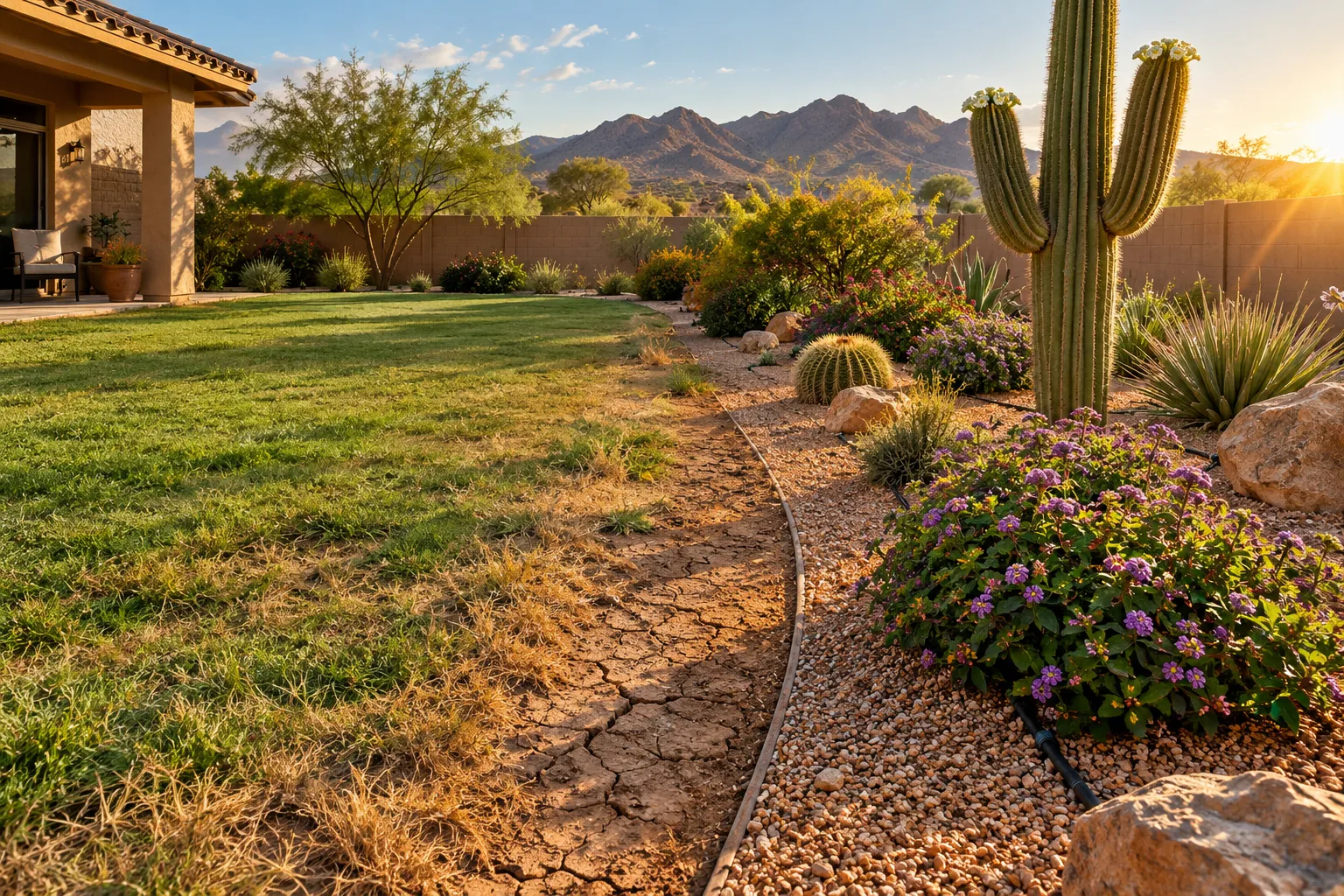 Editorial () cover image, no . A sun-drenched Arizona backyard transformation scene: left side shows a dying, patchy