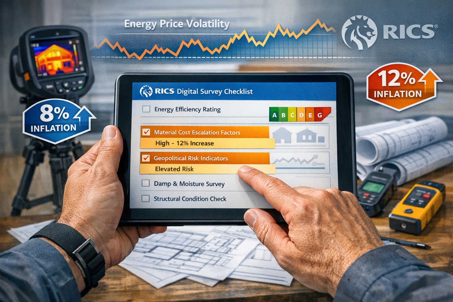 Detailed () image showing close-up of professional surveyor's hands holding tablet displaying RICS digital survey checklist