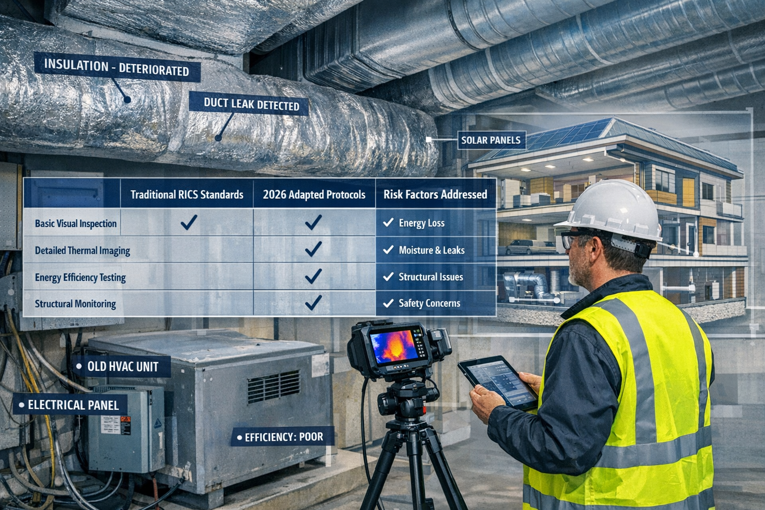 Wide-angle () image depicting modern surveyor conducting building condition assessment in commercial property interior,