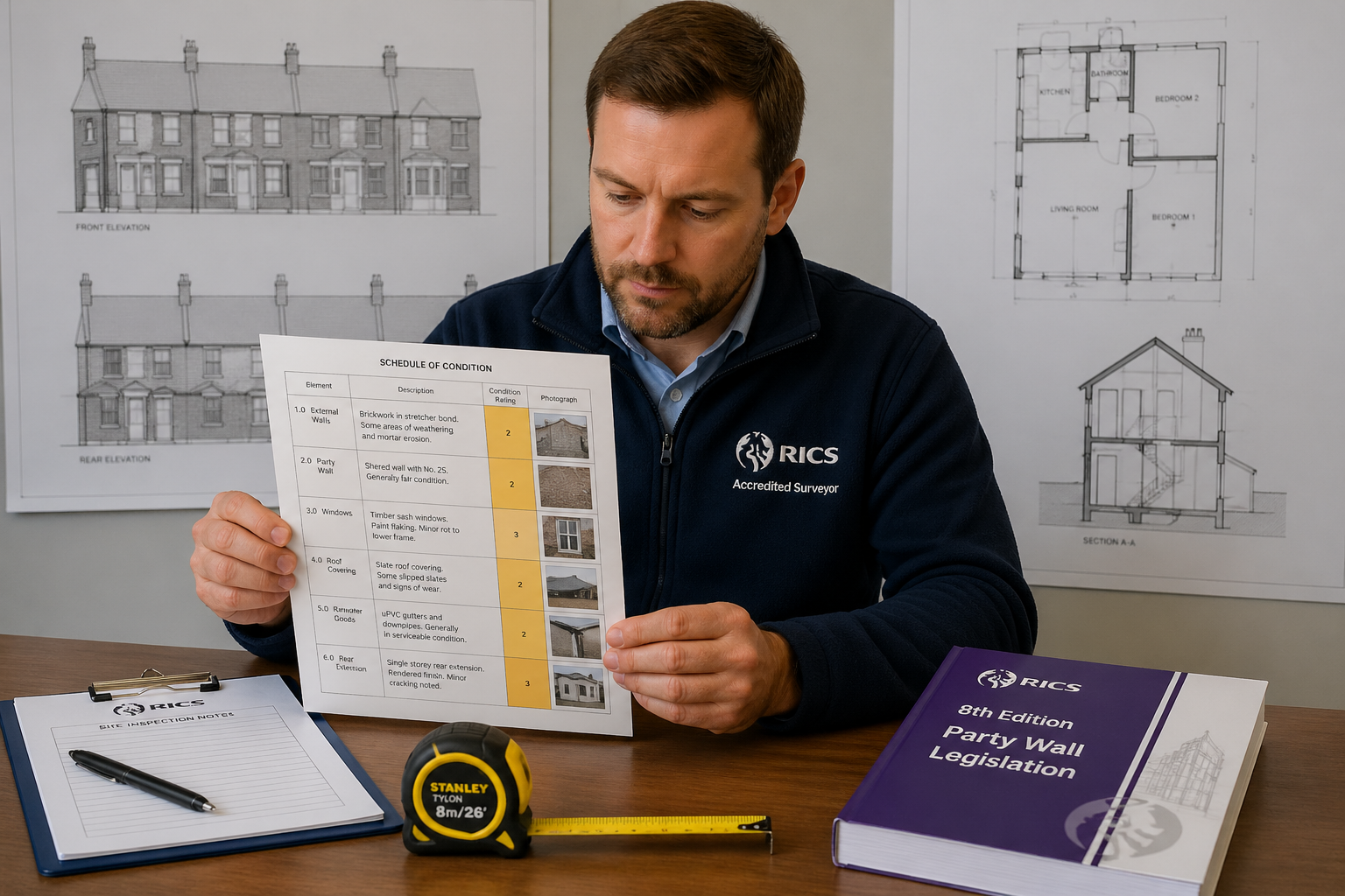 Wide-angle editorial photograph of a professional RICS-accredited surveyor sitting at a desk reviewing a structured schedule