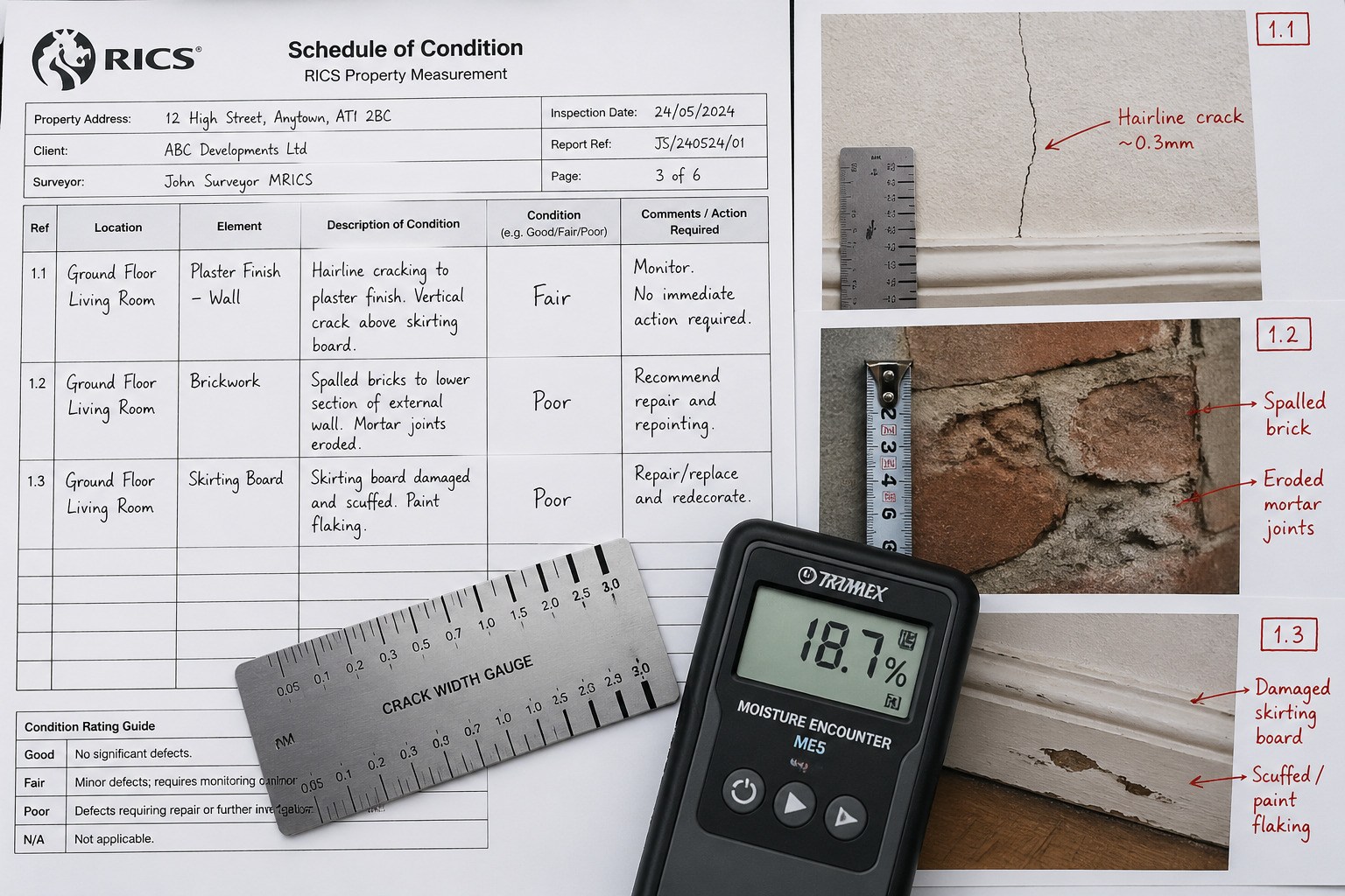 Close-up overhead flat-lay shot of a party wall damage assessment spread: a tabular RICS-format schedule of condition form