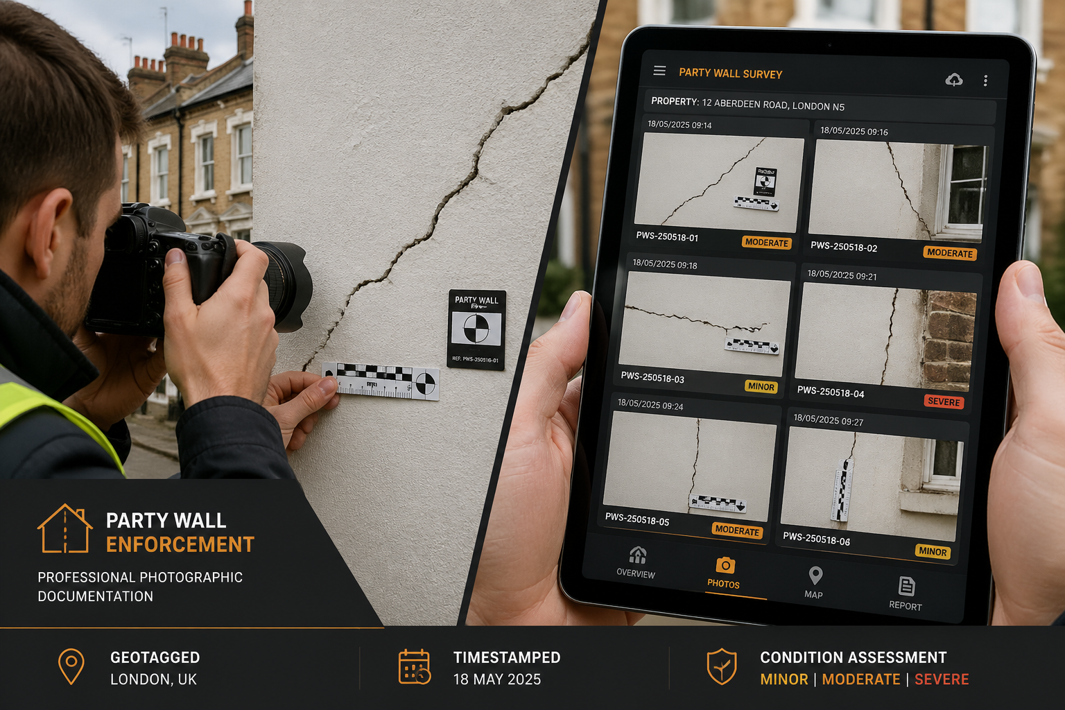 Dynamic split-panel editorial image: left panel shows a surveyor using a DSLR camera with macro lens to photograph a