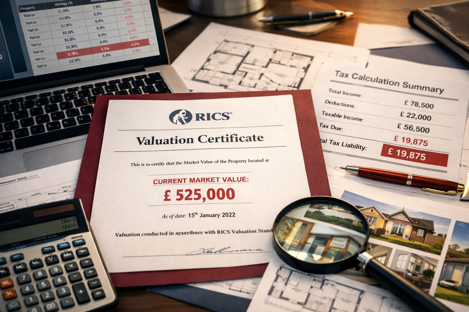 Detailed () image showing close-up of property valuation report documents spread across modern desk with RICS valuation