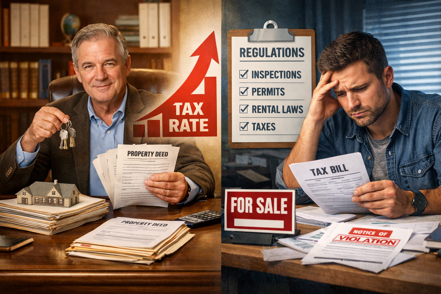 Detailed () conceptual split-screen comparison image: left side shows traditional larger landlord reviewing multiple