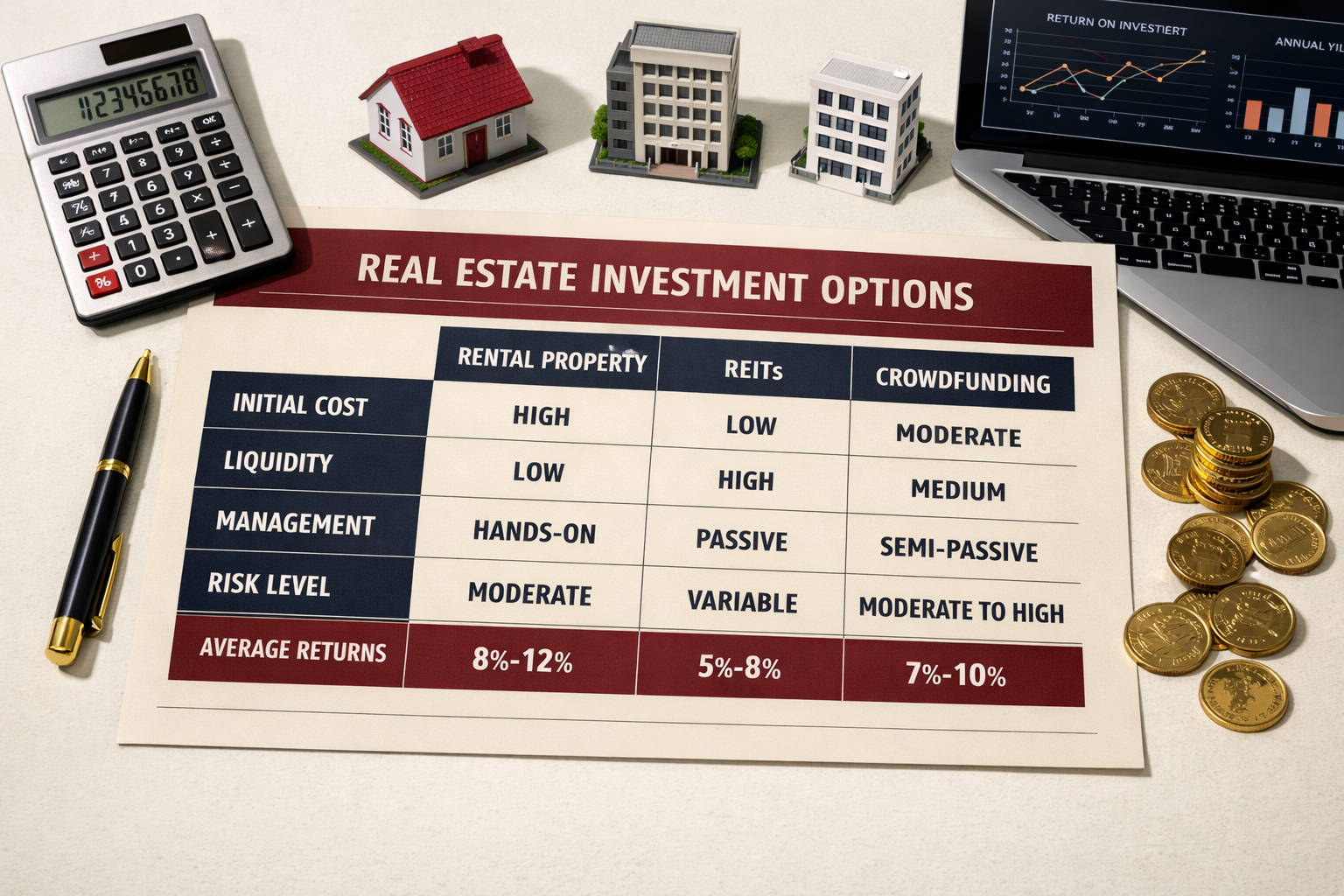 Wide-angle overhead flat-lay shot of a comparison table printed on premium paper surrounded by financial tools: a