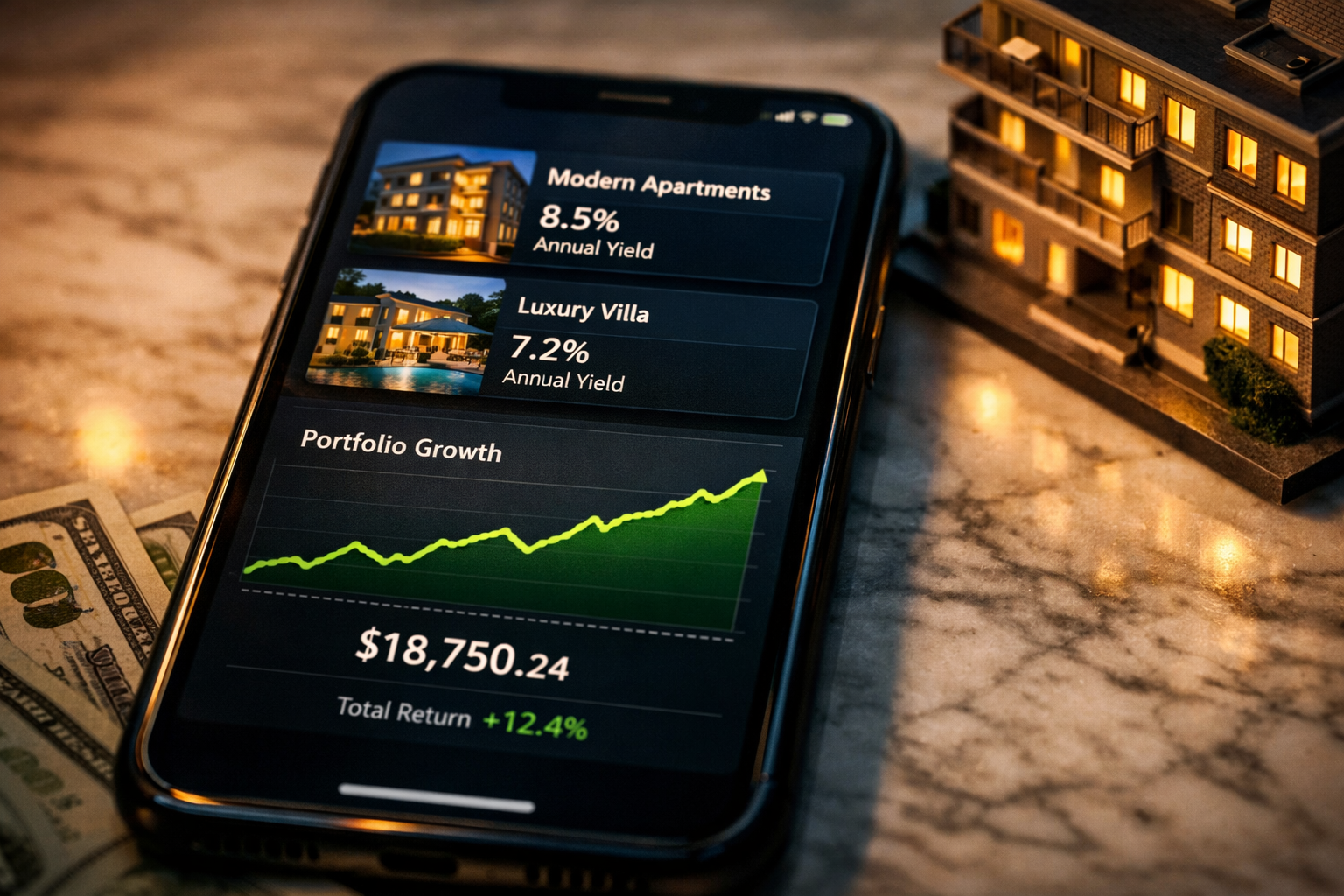 Close-up macro shot of a smartphone screen showing a real estate crowdfunding app interface with property thumbnails,