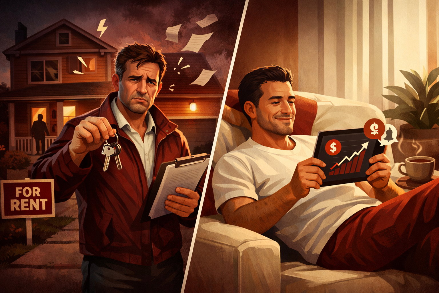 Dynamic split-scene composition showing two contrasting real estate investment paths: on the left, a traditional landlord