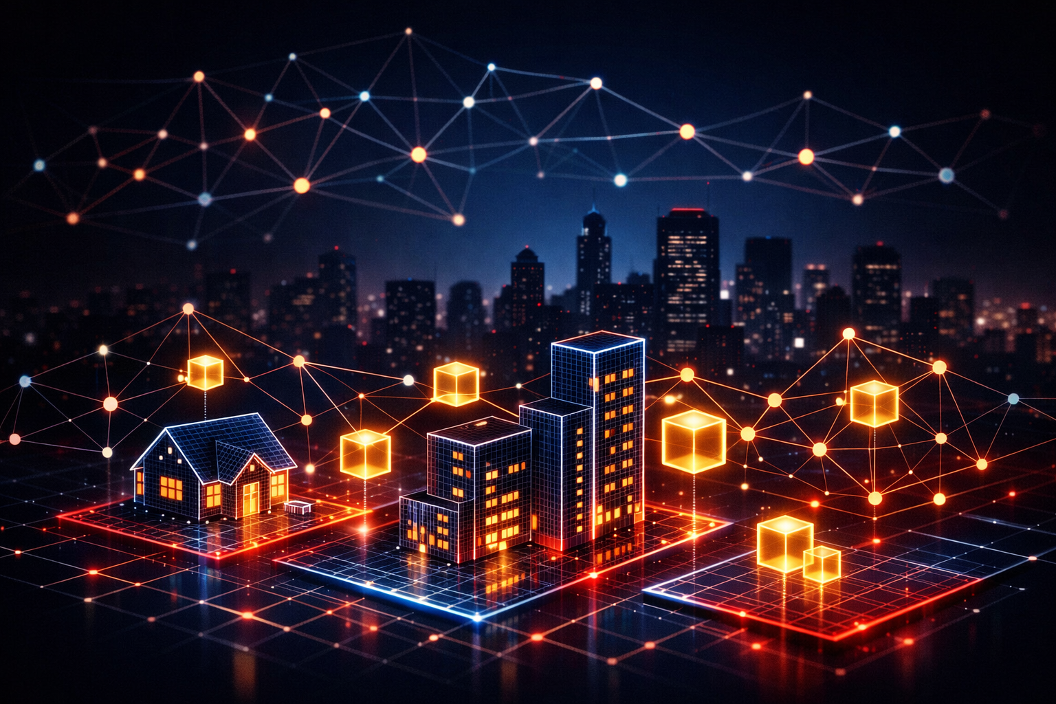 Futuristic digital visualization of tokenized real estate and blockchain-based property investment: glowing geometric