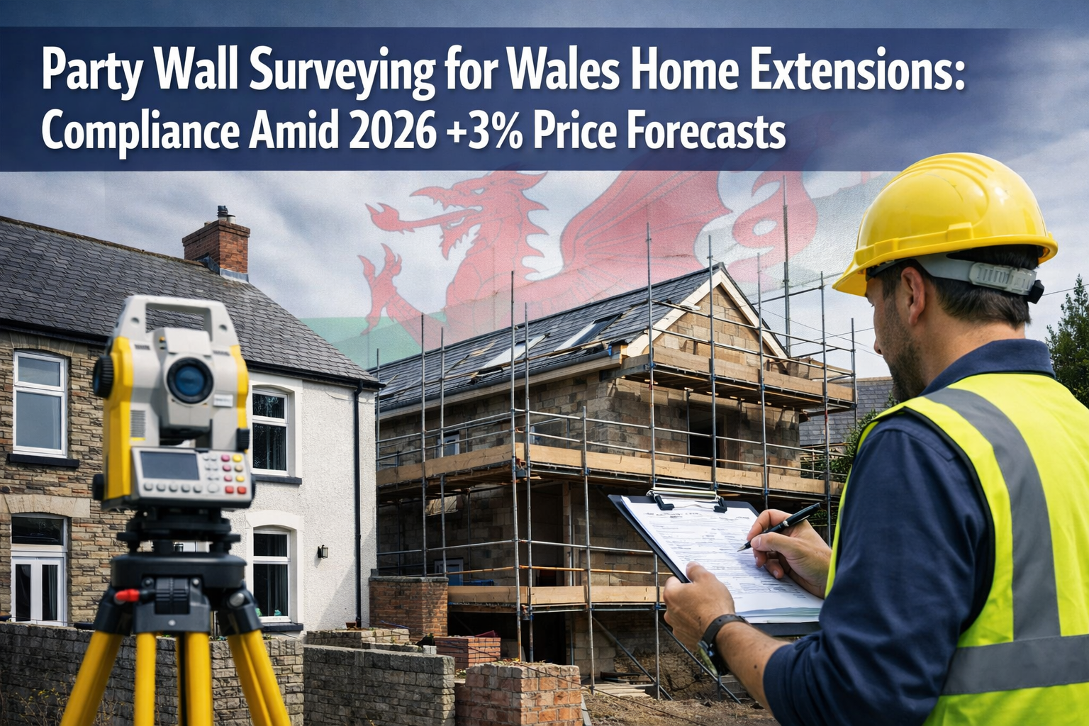 Professional () hero image featuring 'Party Wall Surveying for Wales Home Extensions: Compliance Amid 2026 +3% Price