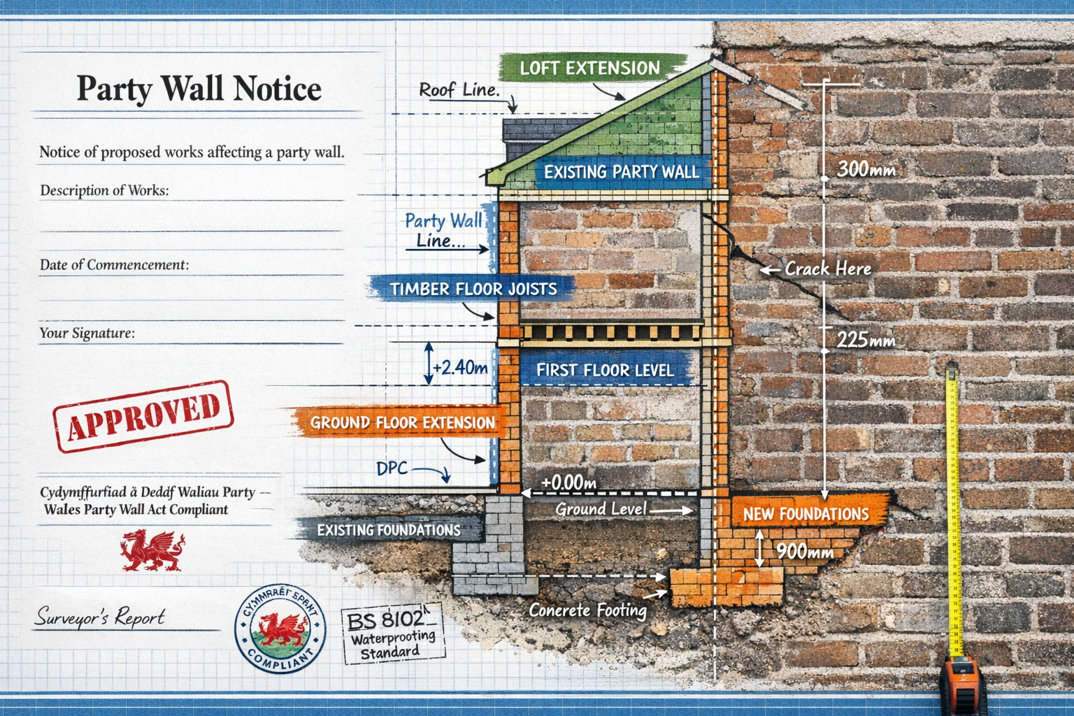 Detailed () image showing cross-section architectural diagram of Welsh terraced house party wall with labeled sections