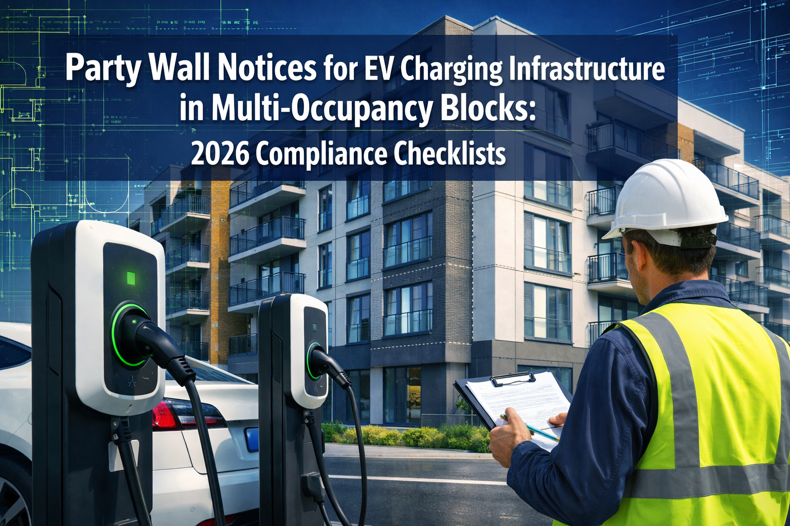 Professional () hero image with 'Party Wall Notices for EV Charging Infrastructure in Multi-Occupancy Blocks: 2026