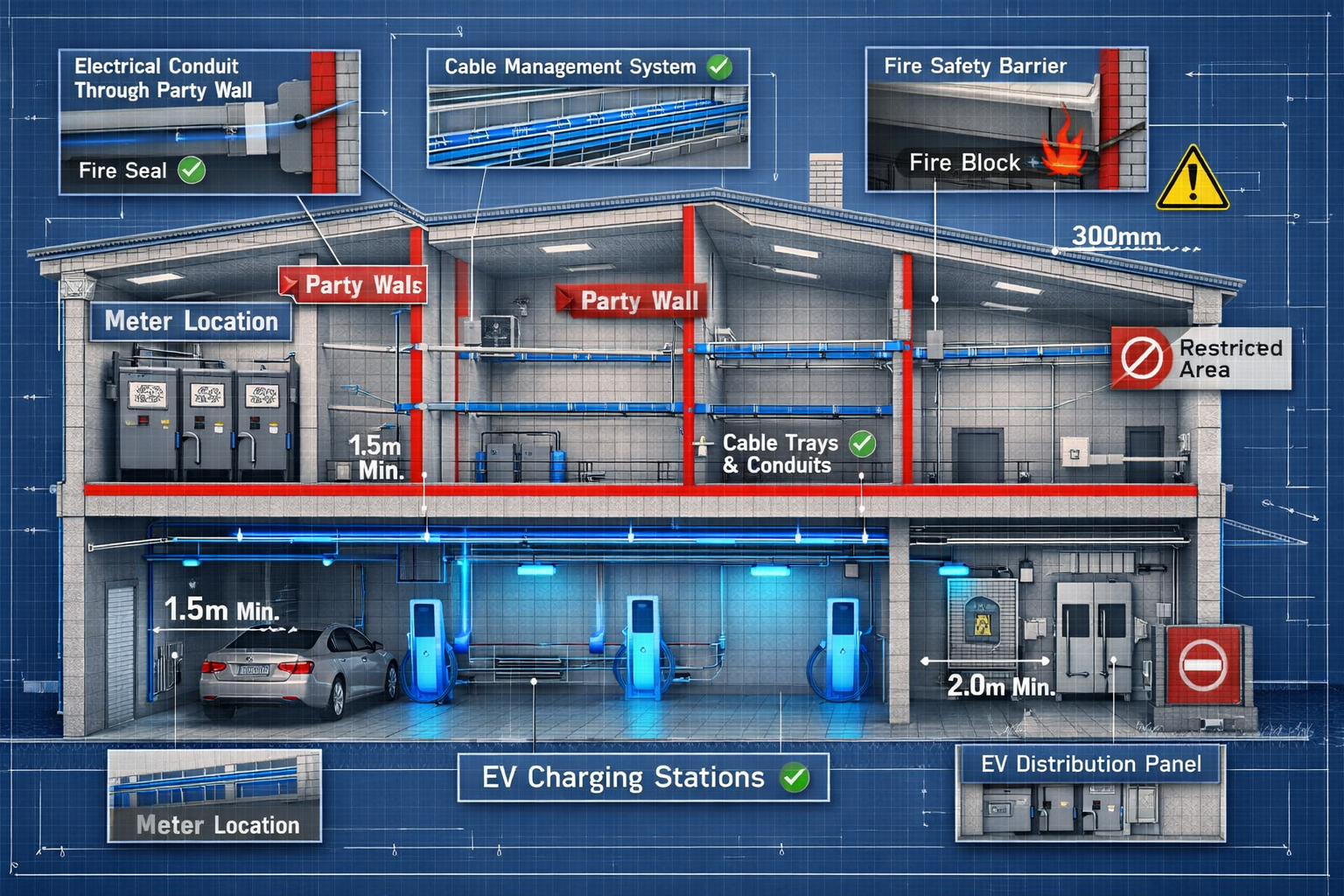 () technical illustration showing cross-section cutaway view of multi-occupancy apartment block with party walls clearly
