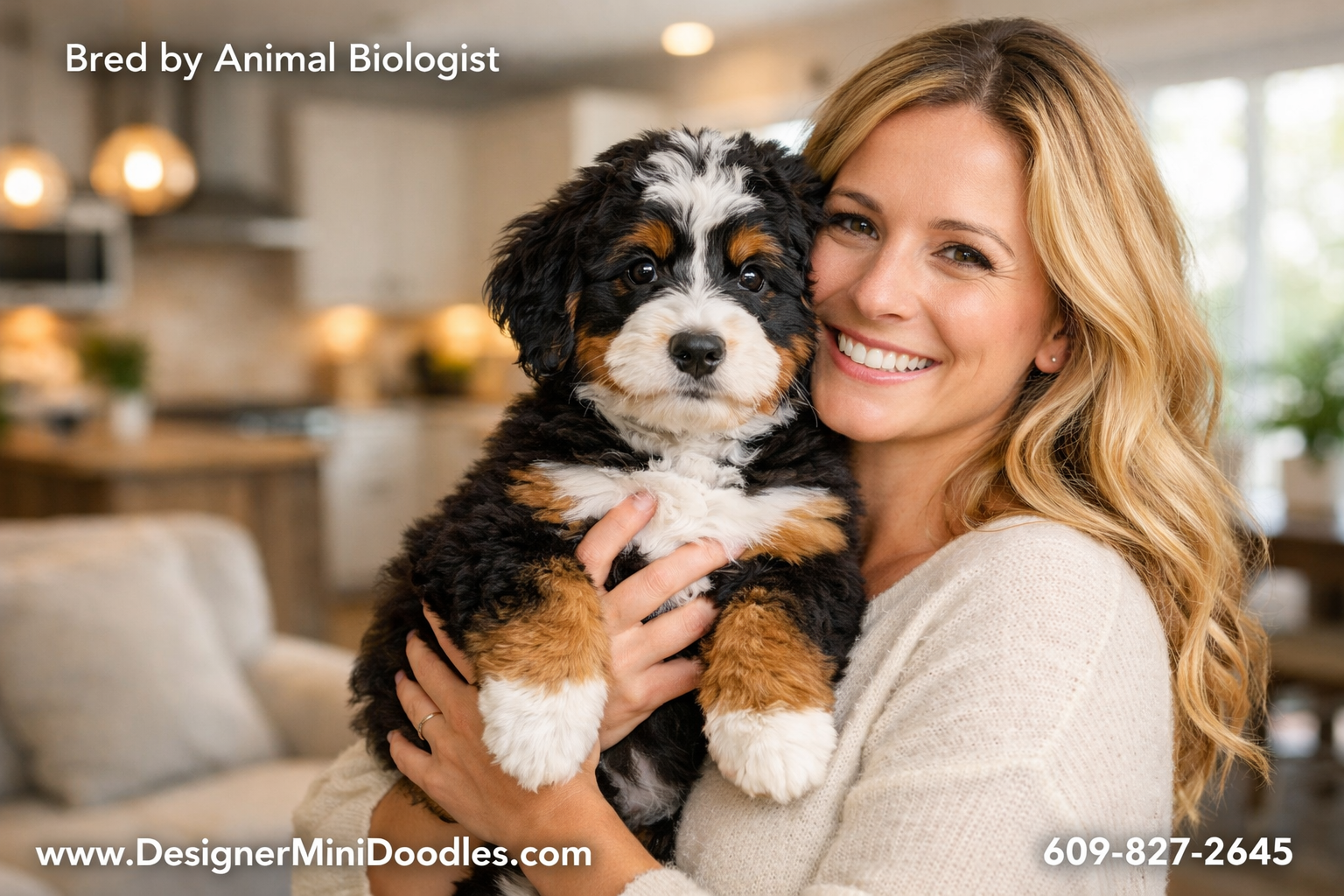 Detailed () image of a miniature bernedoodle puppy with classic tri-color markings (black, white, rust) being held by a
