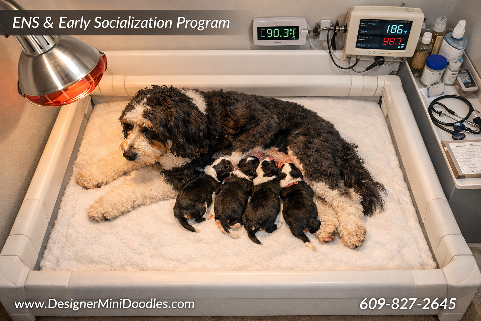 Detailed () image showing a top-down view of a professional whelping box with a mother bernedoodle nursing four tiny puppies