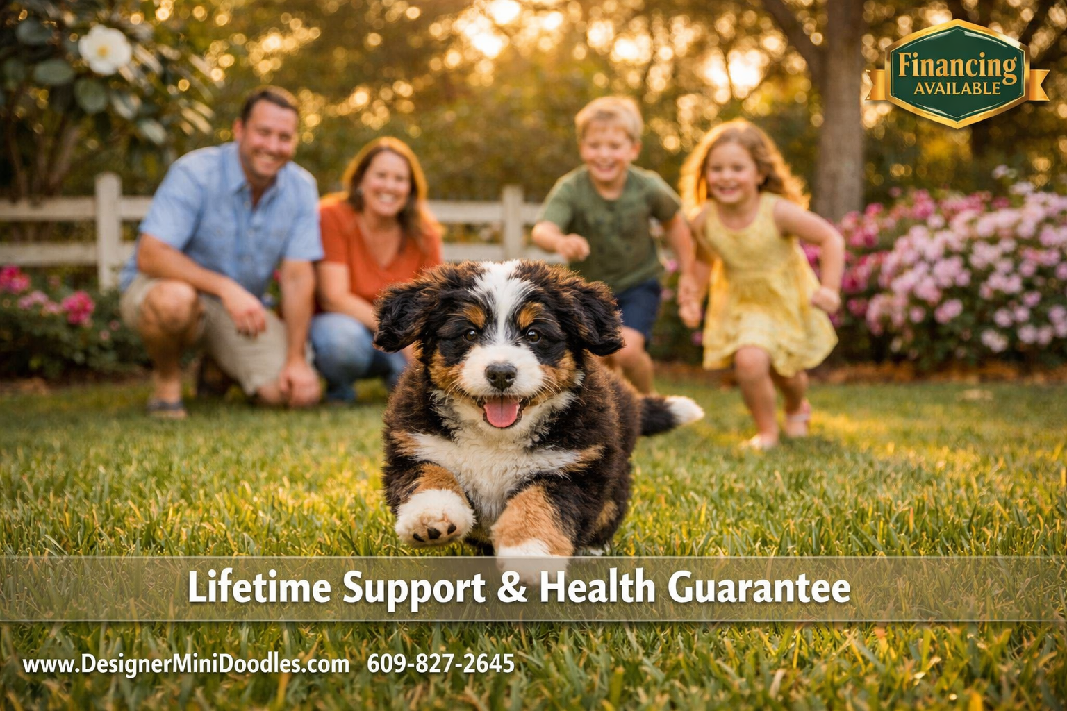 Detailed () warm photograph of a family with two children playing with a miniature bernedoodle puppy in a fenced backyard