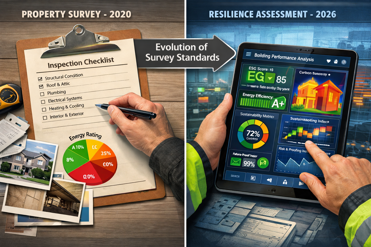 Detailed () image showing split-screen composition of traditional building survey documentation versus modern resilience