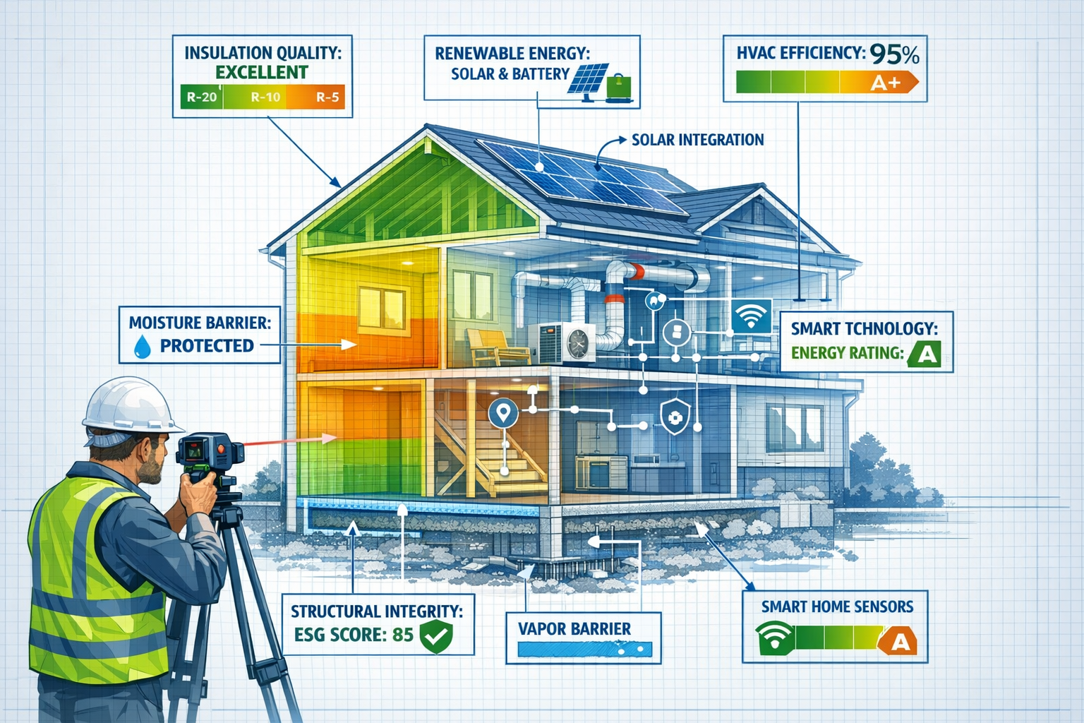Detailed () technical illustration showing cross-section cutaway view of modern residential building with multiple