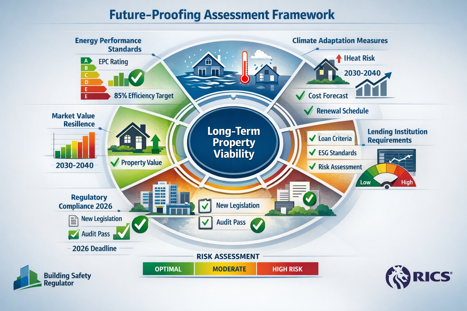 Detailed () infographic-style image depicting future-proofing assessment framework as interconnected circular diagram.