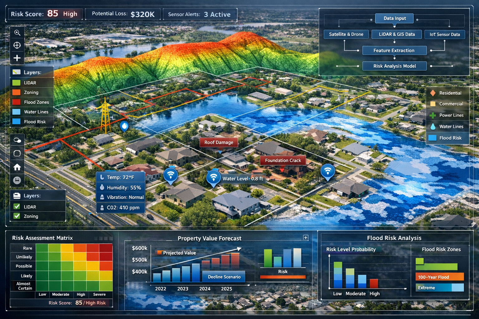Landscape format (1536x1024) comprehensive visualization of integrated analytics dashboard for property risk assessment showing multiple dat