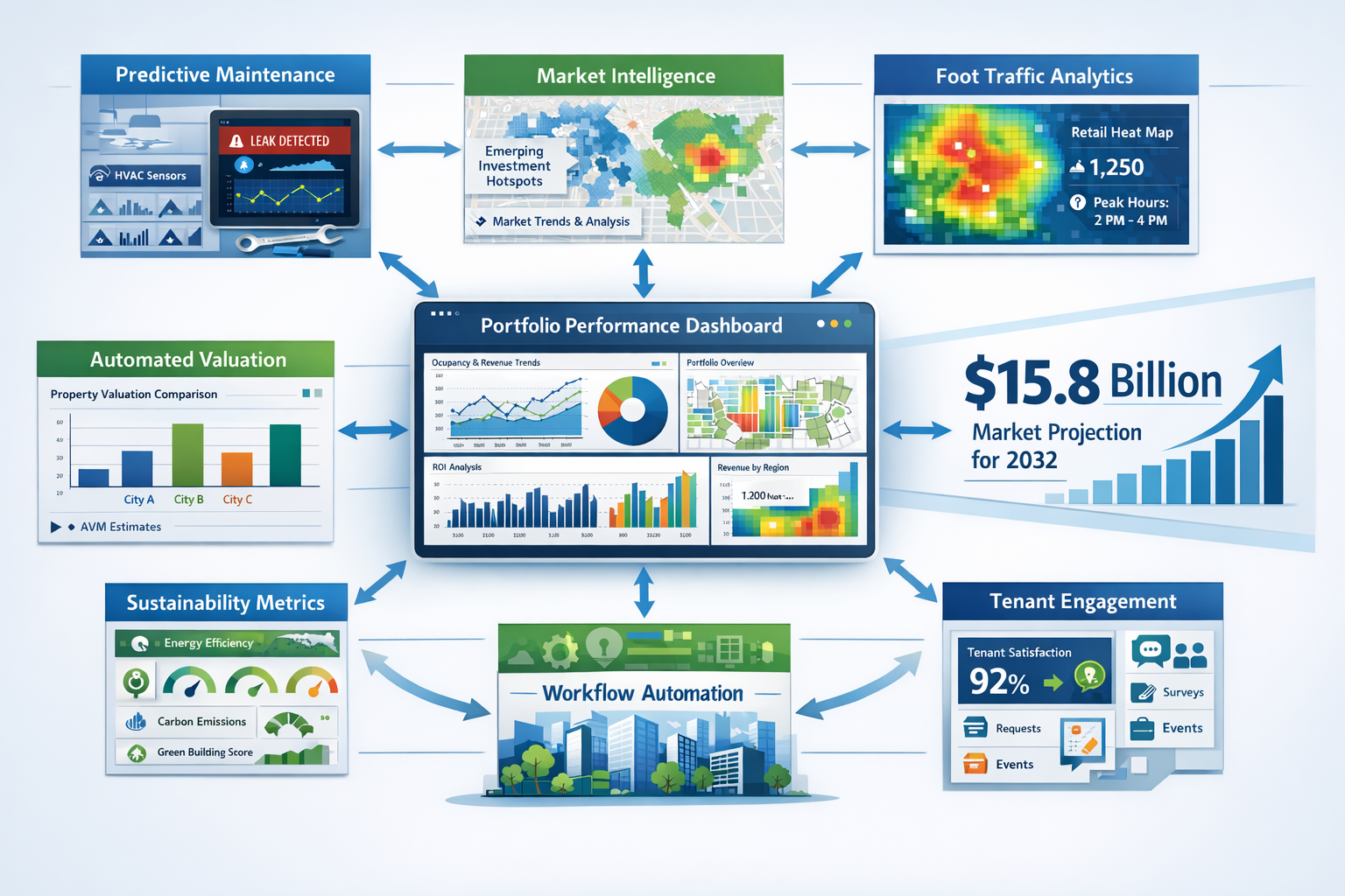 Landscape format (1536x1024) detailed infographic showing property management decision-making ecosystem powered by data analytics. Central h
