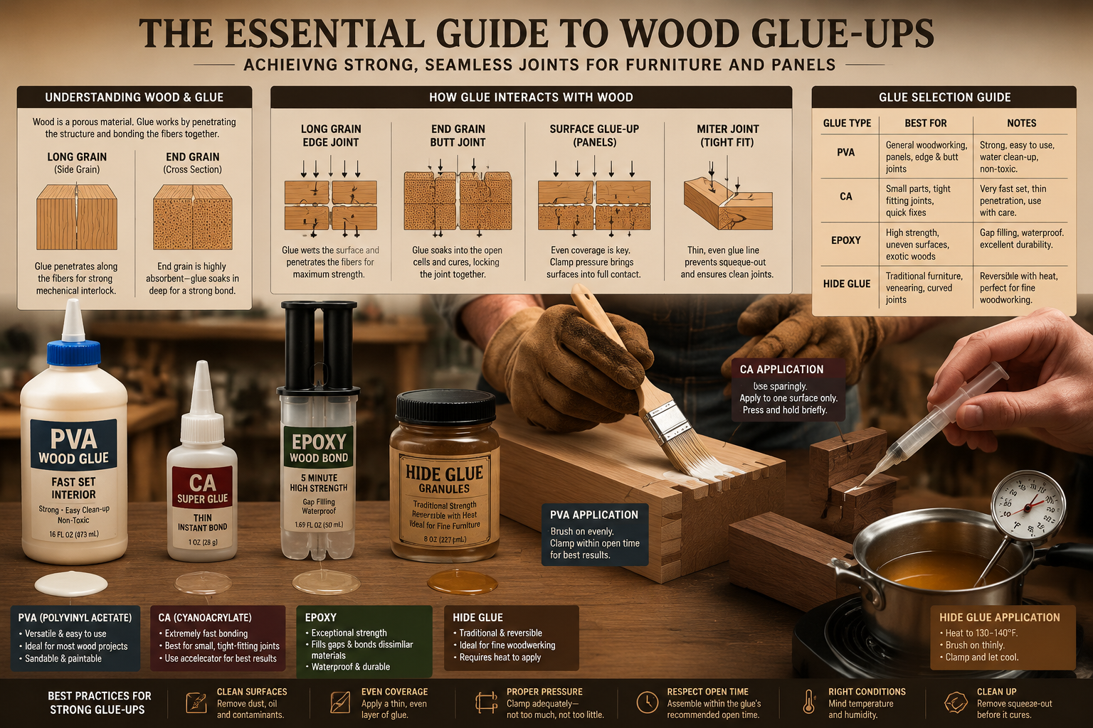 A detailed () image illustrating various types of wood glues and their application methods. The foreground features an array