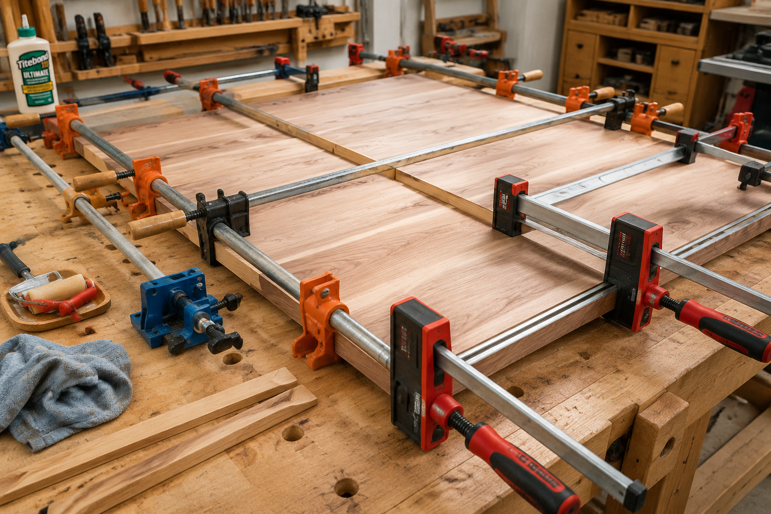 A () image showcasing a dynamic glue-up scene with multiple types of clamps on a large wooden panel. The main focus is on a