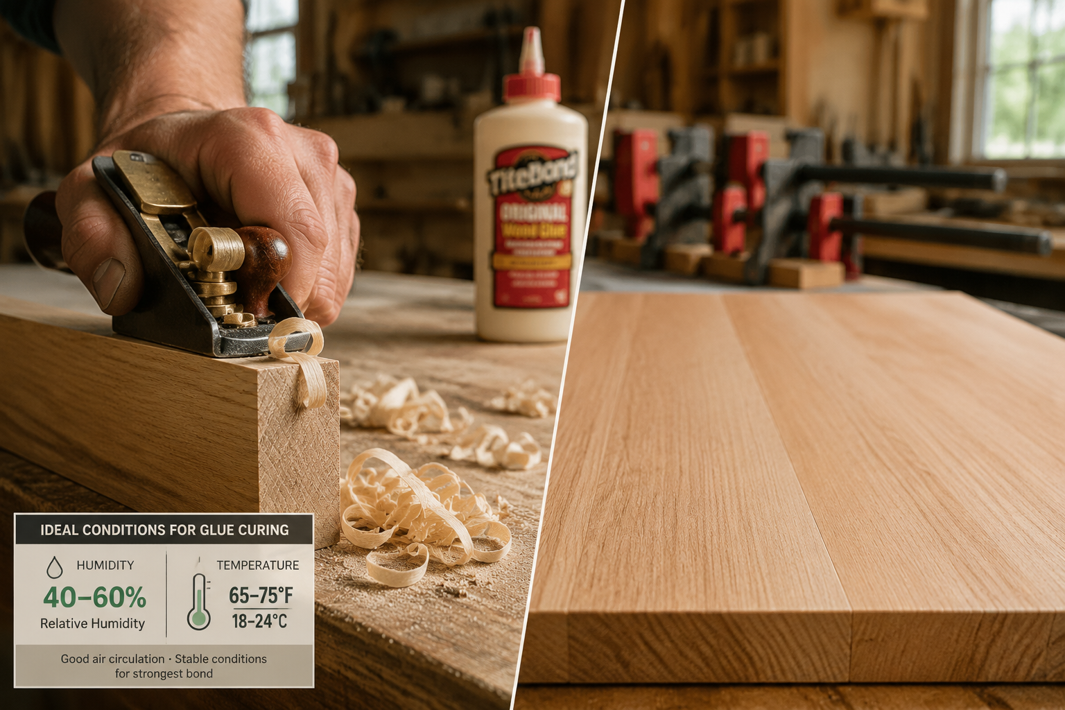 A () image depicting the crucial steps of preparing wood for a glue-up and finishing a successful joint. One side of the