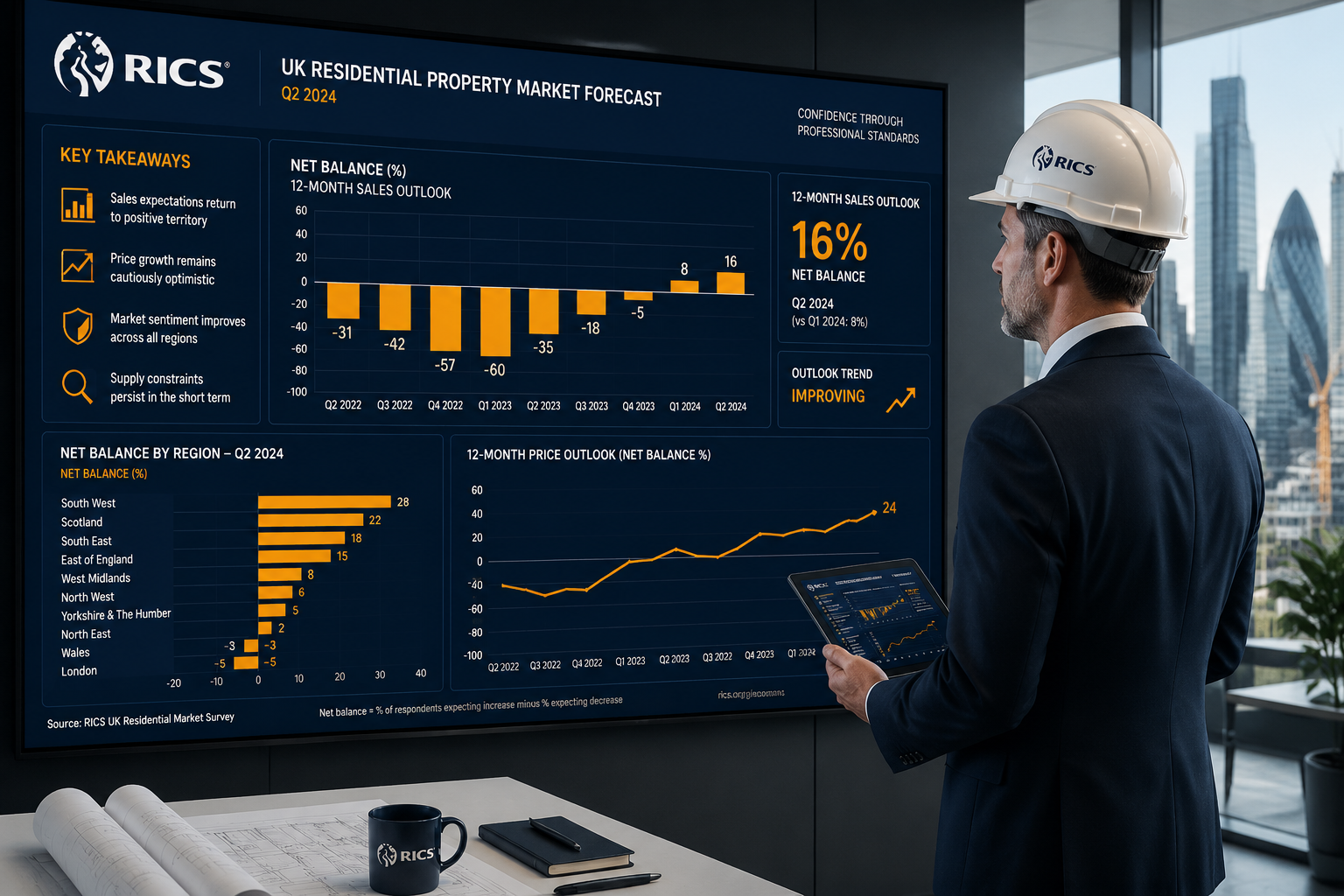 Detailed () showing a professional building surveyor in a hard hat and suit reviewing digital forecast dashboards on a large