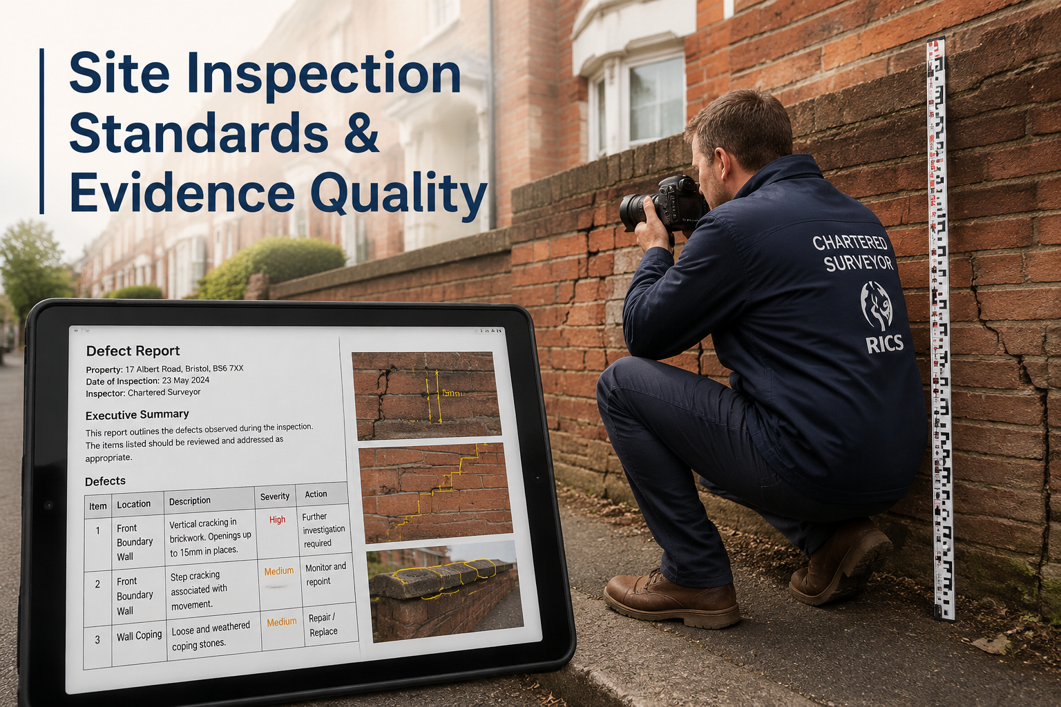 () showing a chartered surveyor conducting an on-site property inspection at a UK terraced house boundary wall, crouching to