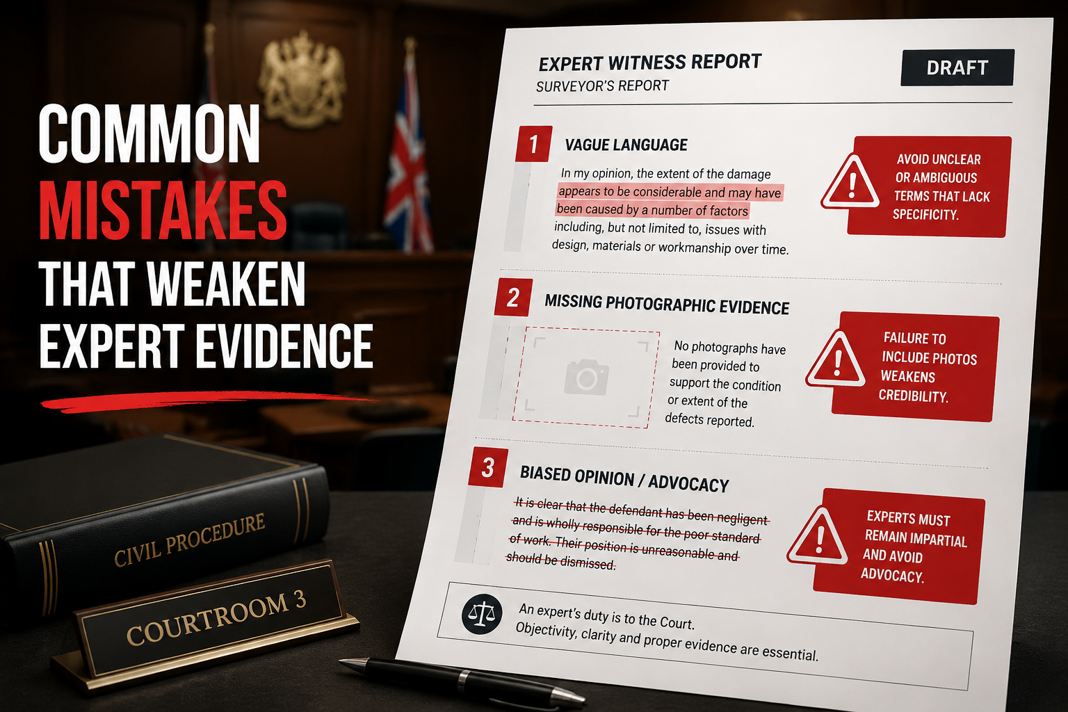 () concept illustration showing three common expert witness report mistakes visualized as red warning icons overlaid on a