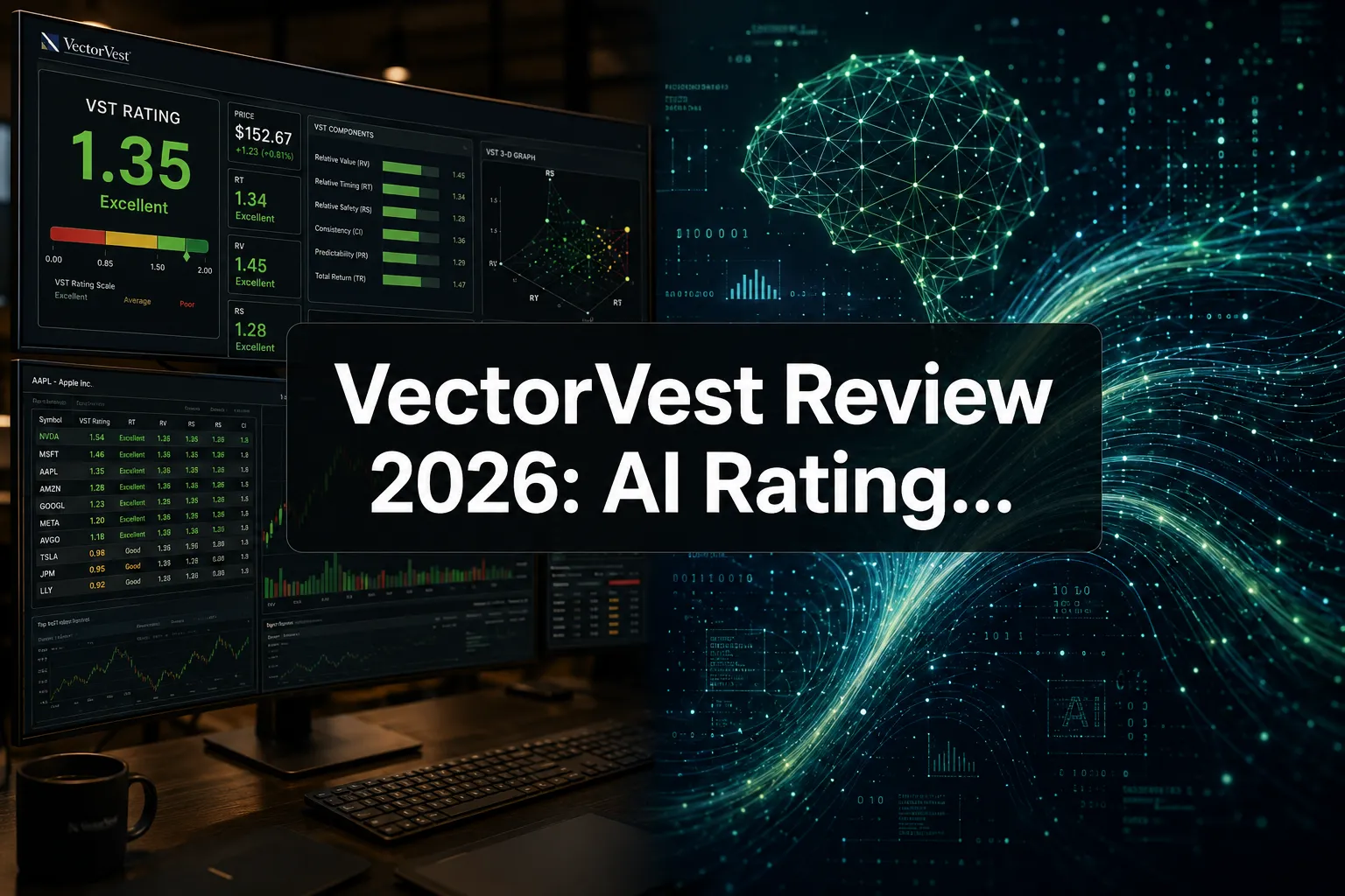 Professional () hero image with (≤42 chars): 'VectorVest Review 2026: AI Rating…', crisp white on a dark semi-transparent
