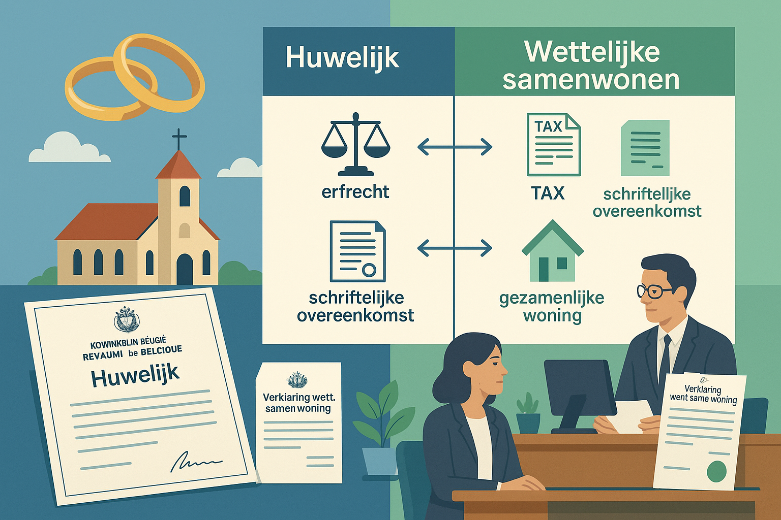 Detailed infographic-style landscape image (1536x1024) comparing legal aspects of marriage versus legal cohabitation in Belgium. Split-scree