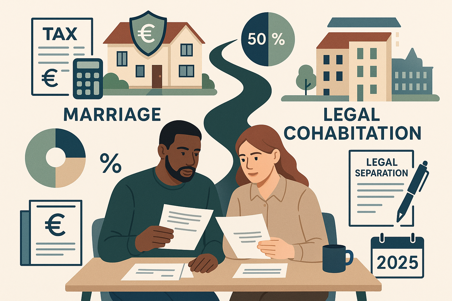 Professional landscape illustration (1536x1024) depicting financial and practical implications of marriage versus legal cohabitation in Belg