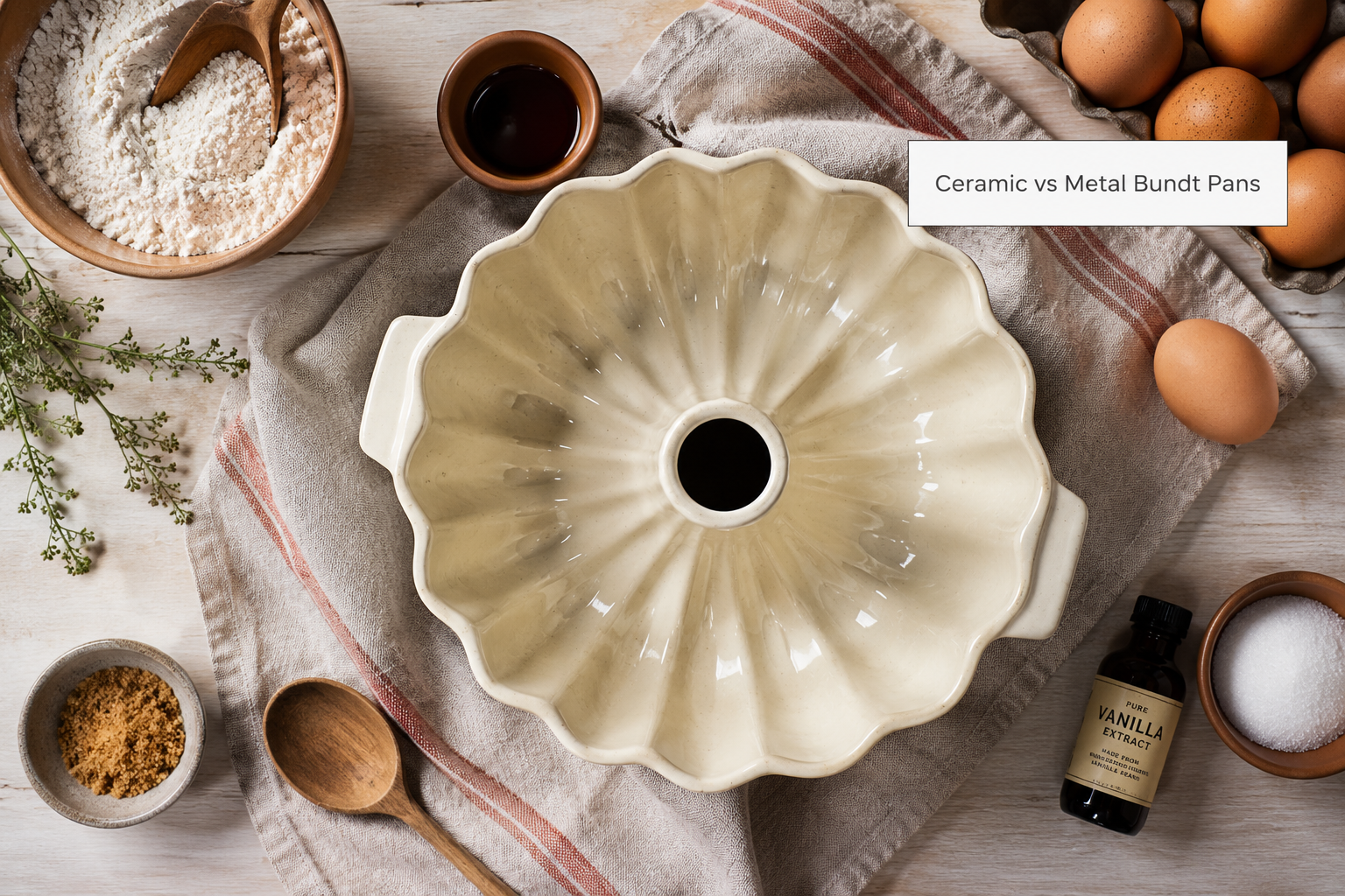Ceramic Bundt Cake Pan Landscape format (1536x1024) editorial-style flat-lay overhead shot of a cream-colored ceramic Bundt cake pan placed on a linen kitchen towel, surrounded by baking ingredients including flour in a small bowl, eggs, vanilla extract, and a wooden spoon. Warm natural light, soft shadows, rustic farmhouse kitchen aesthetic. Text annotation overlay reads 'Ceramic vs Metal Bundt Pans' in small clean sans-serif. Color palette: warm whites, natural wood tones, soft terracotta accents. Sharp focus on pan texture and glaze detail. Best Ceramic Bundt Cake Pan