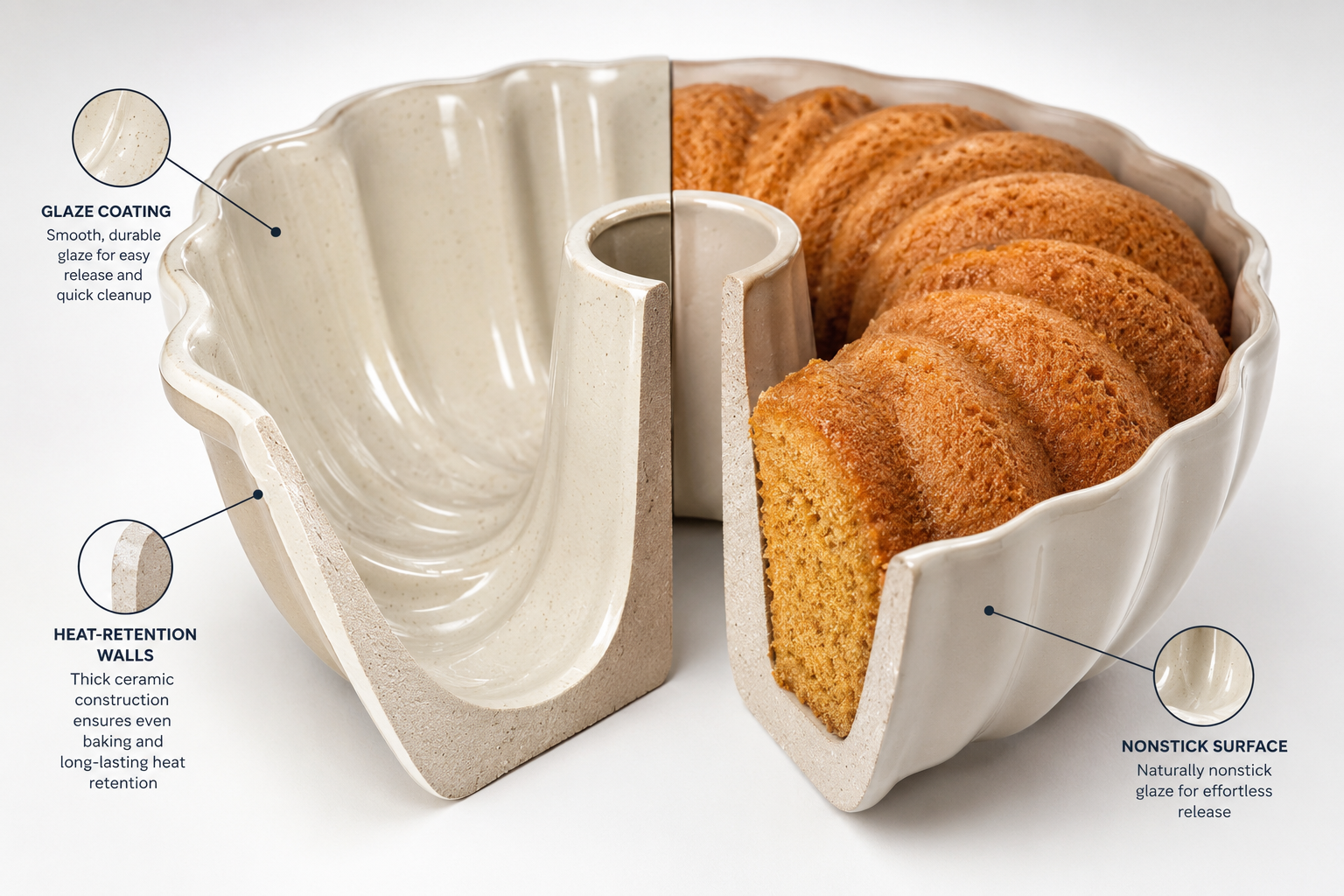 Ceramic Bundt Cake Pan Landscape format (1536x1024) close-up side-angle studio shot of a ceramic Bundt cake pan cross-section diagram style, showing the thick ceramic walls, fluted ridges, and interior glaze coating. One half shows a freshly baked Bundt cake still in the pan, the other half shows the pan empty with visible ceramic texture. Clean white background, clinical product photography style with subtle gradient. Small label callouts pointing to glaze coating, heat-retention walls, and nonstick surface. Professional product review aesthetic. How Does a Ceramic Bundt Cake Pan Perform in the Oven?