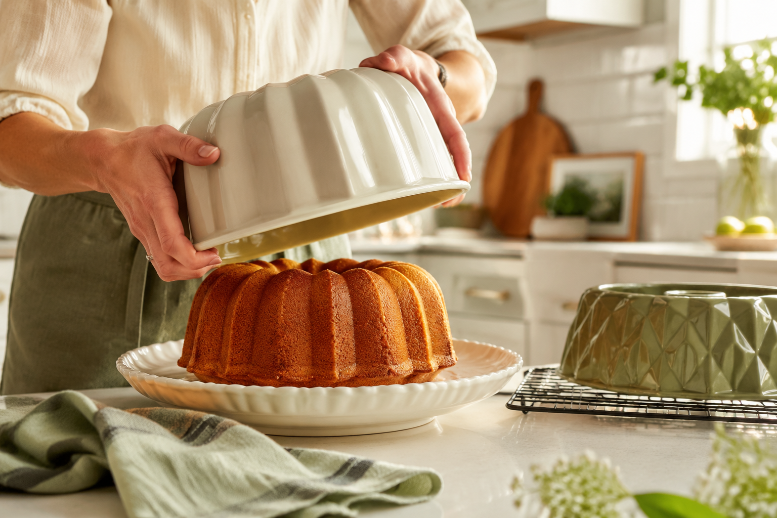 Ceramic Bundt Cake Pan Landscape format (1536x1024) lifestyle kitchen scene showing a person's hands carefully inverting a ceramic Bundt cake pan onto a white ceramic cake plate, the golden-brown cake releasing cleanly. Background shows a bright modern kitchen with subway tile backsplash. A second ceramic Bundt pan sits on the counter beside a cooling rack. Warm afternoon light, shallow depth of field, focus on the cake release moment. Color palette: warm whites, soft gold, sage green accents. Authentic home-baking editorial style. How Do You Care for and Maintain a Ceramic Bundt Cake Pan?