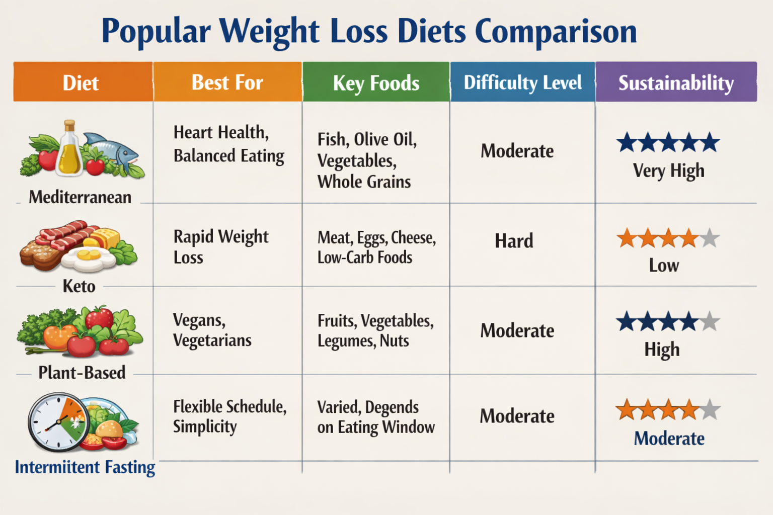 Comparison chart of four popular weight loss diets (Mediterranean, Keto, Plant-Based, Intermittent Fasting) with columns