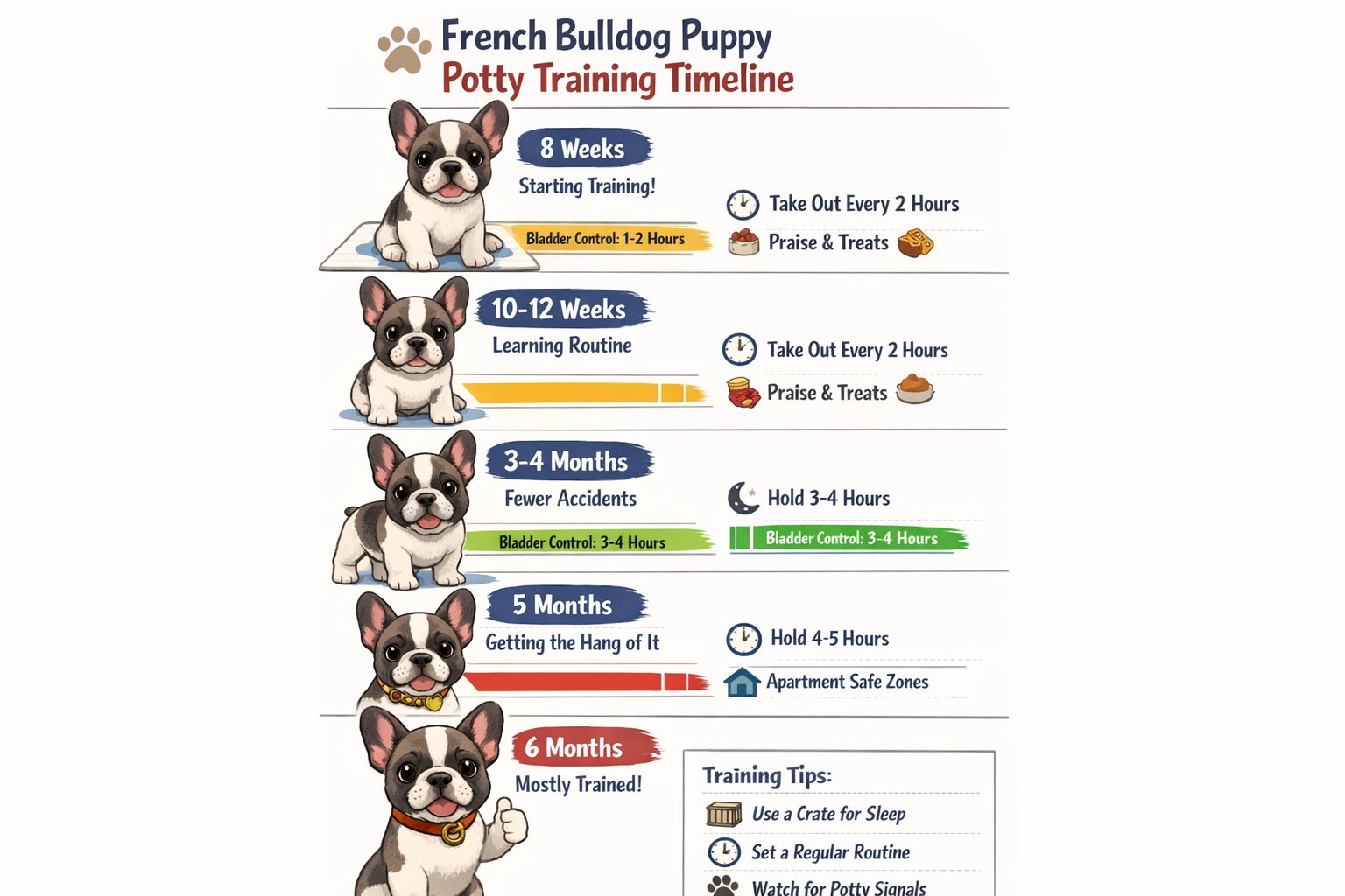 Portrait format (1024x1536) infographic showing French Bulldog puppy potty training timeline from 8 weeks to 6 months, featuring cute French