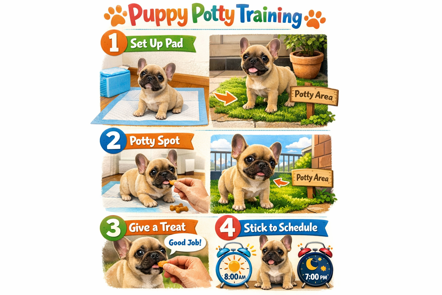 Portrait format (1024x1536) step-by-step visual guide showing French Bulldog puppy potty training routine, featuring numbered steps with cut