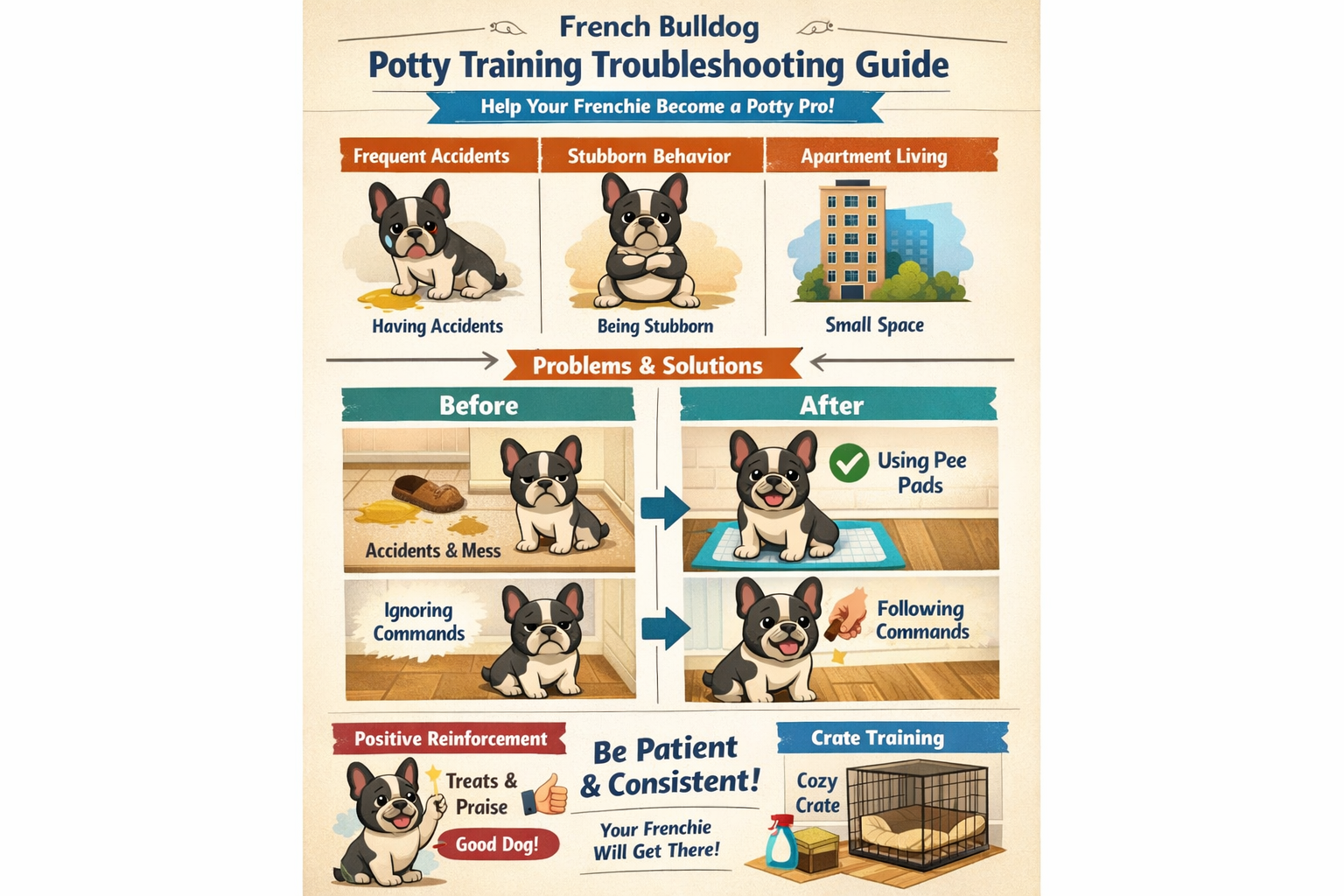 Portrait format (1024x1536) troubleshooting chart for French Bulldog potty training challenges, showing common problems like accidents, stub