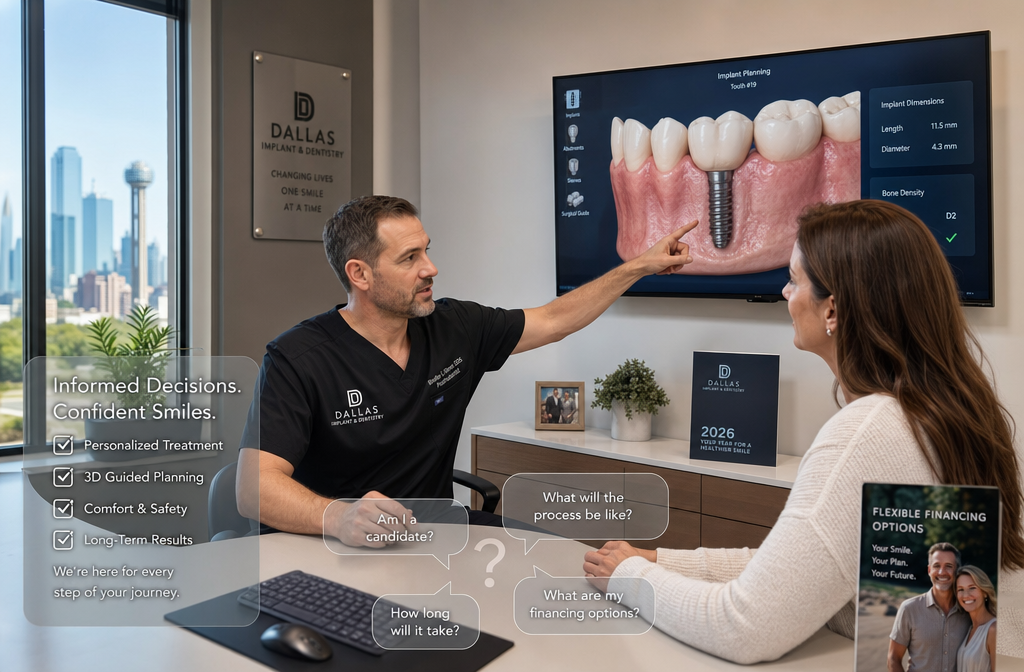 () image depicting a detailed consultation between a Dallas dentist and a patient in a bright, while the patient looks