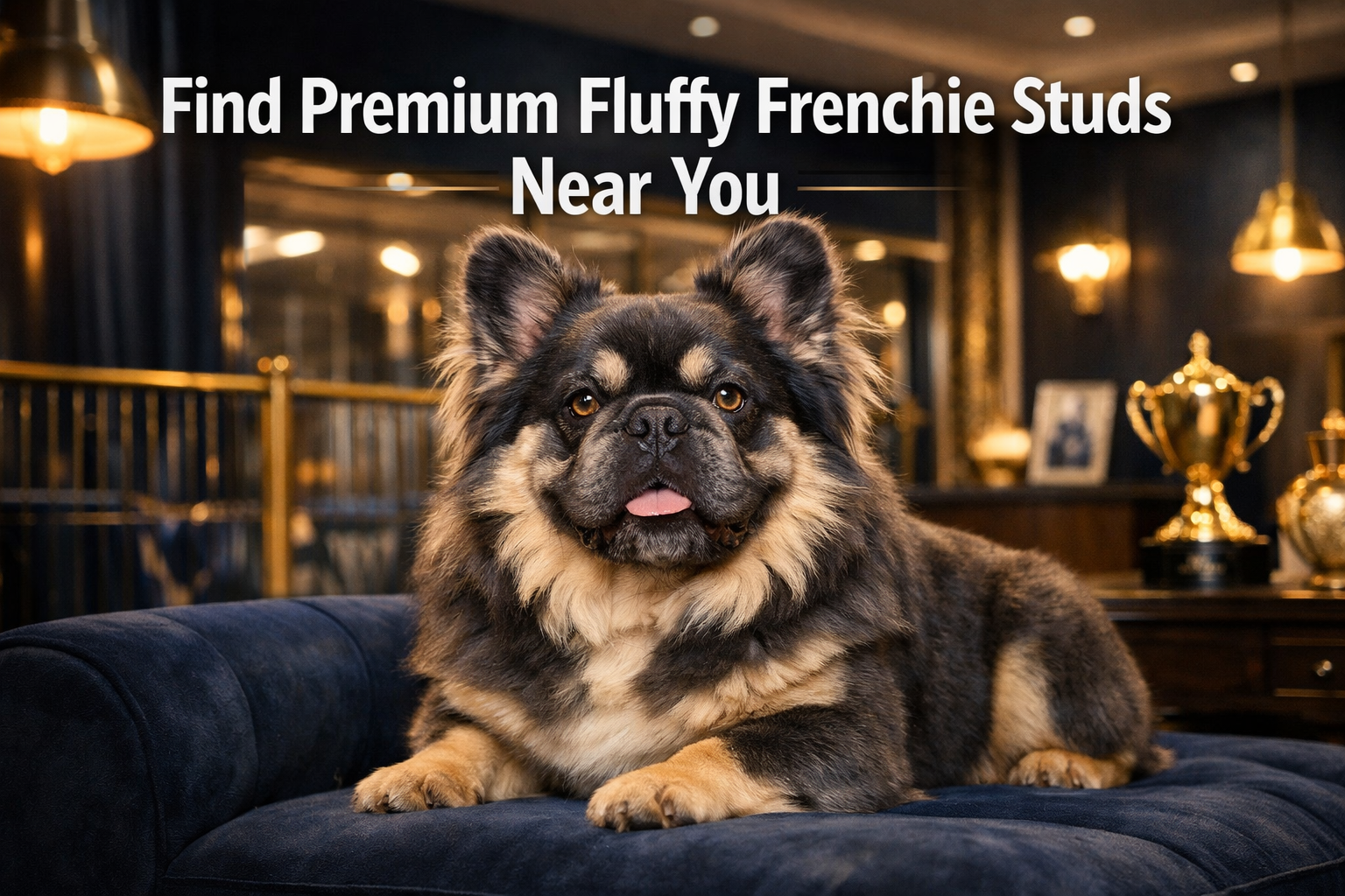 Professional landscape format (1536x1024) hero image featuring bold text overlay 'Find Premium Fluffy Frenchie Studs Near You' in extra larg