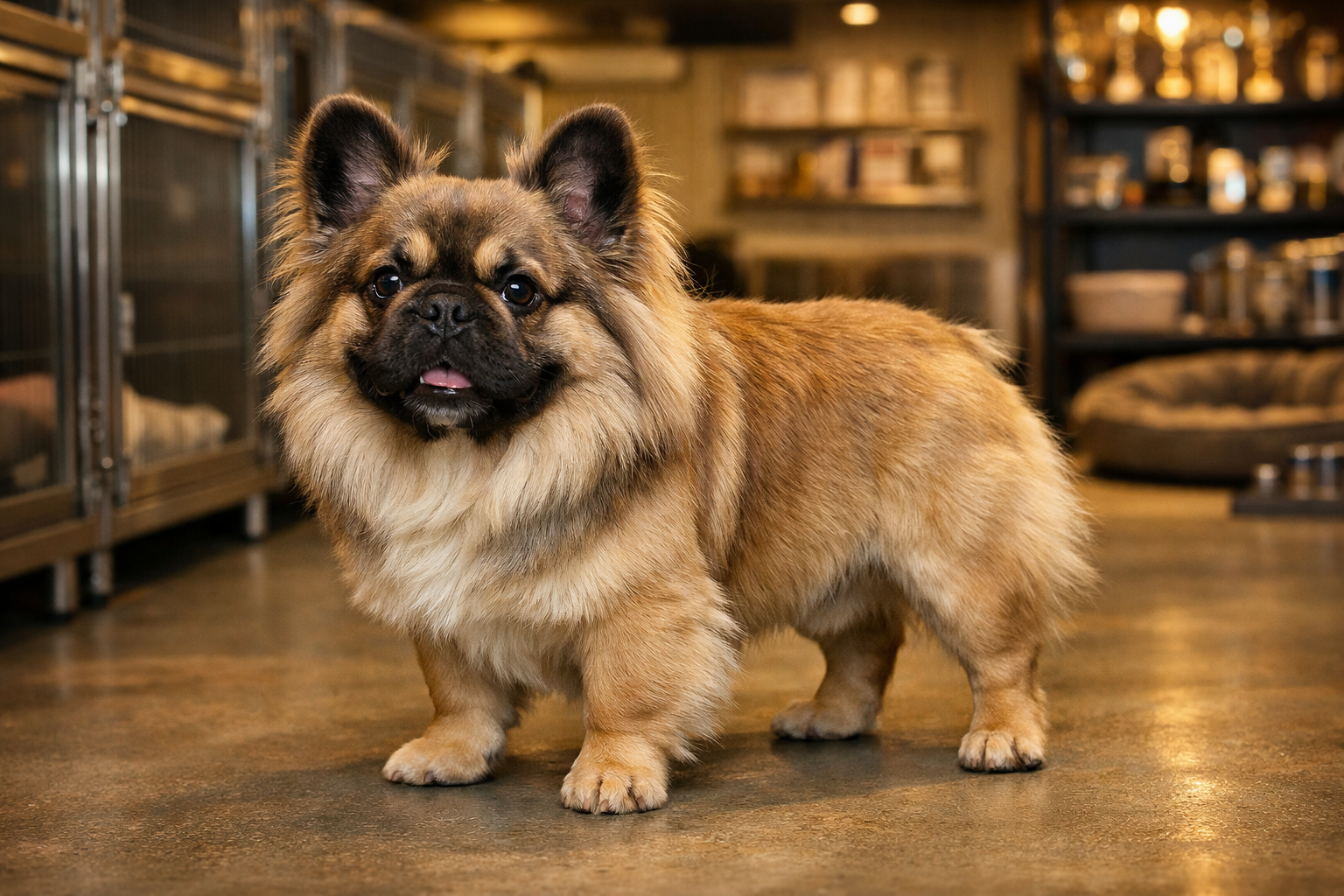 Landscape format (1536x1024) image showing beautiful fluffy French Bulldog stud with distinctive long coat standing in professional breeding