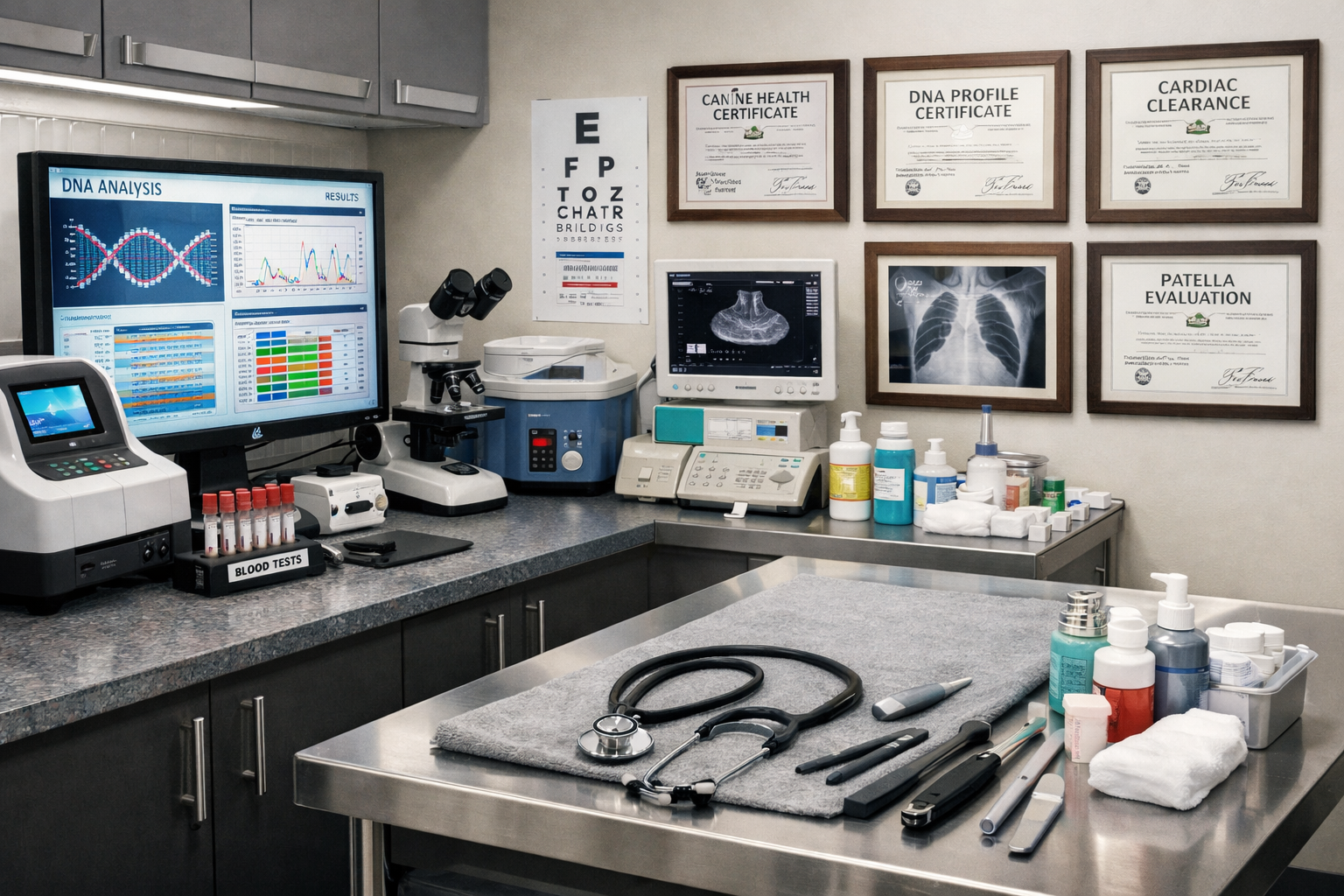 Professional breeding facility scene (1536x1024) showing health testing equipment, DNA analysis charts, veterinary examination area, health 