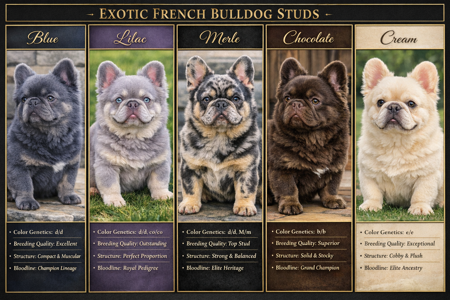 Elegant comparison layout (1536x1024) displaying multiple fluffy French Bulldog studs in different exotic colors - blue, lilac, merle, choco