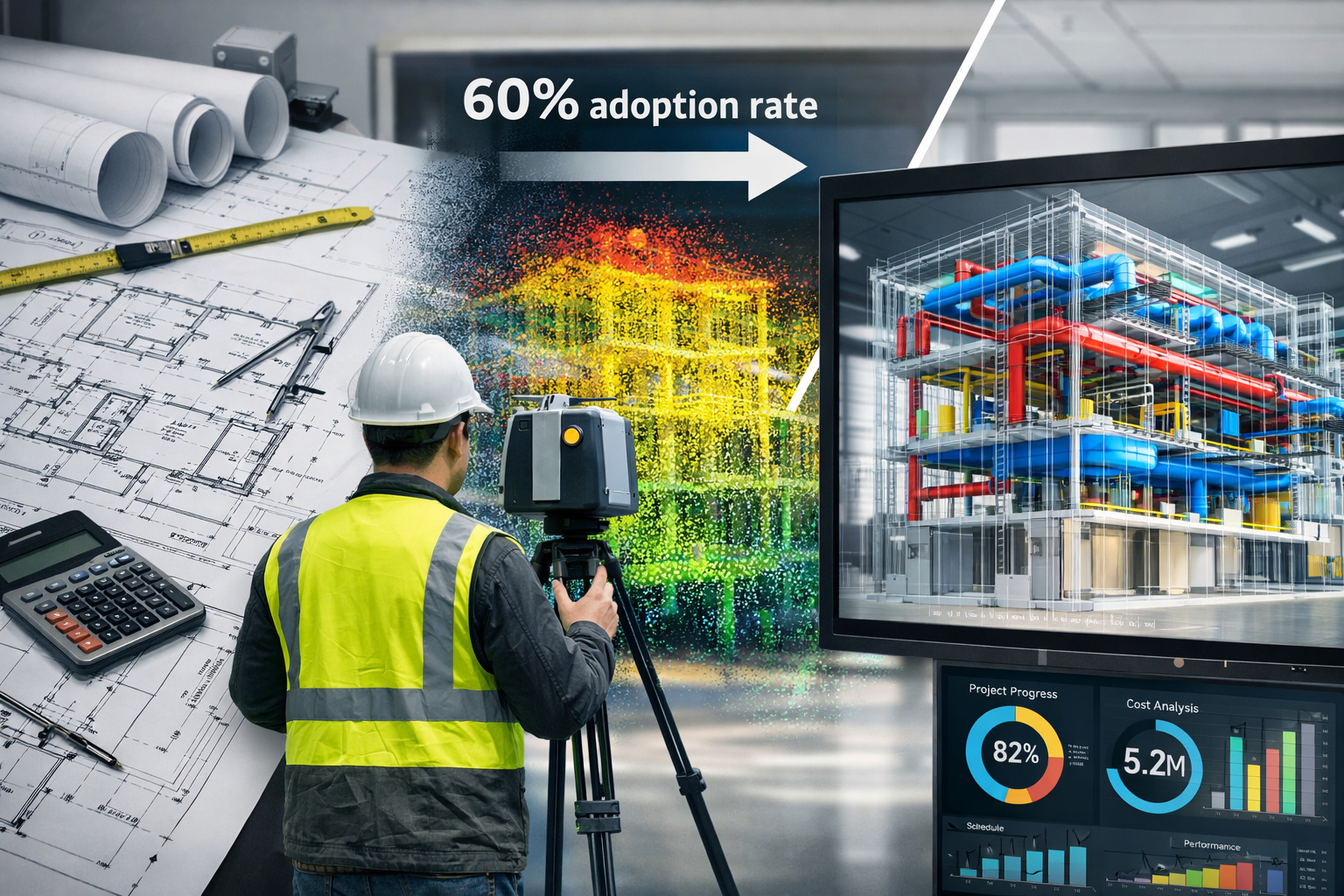 Detailed landscape format (1536x1024) image showing split-screen comparison: left side displays traditional 2D construction blueprints with 